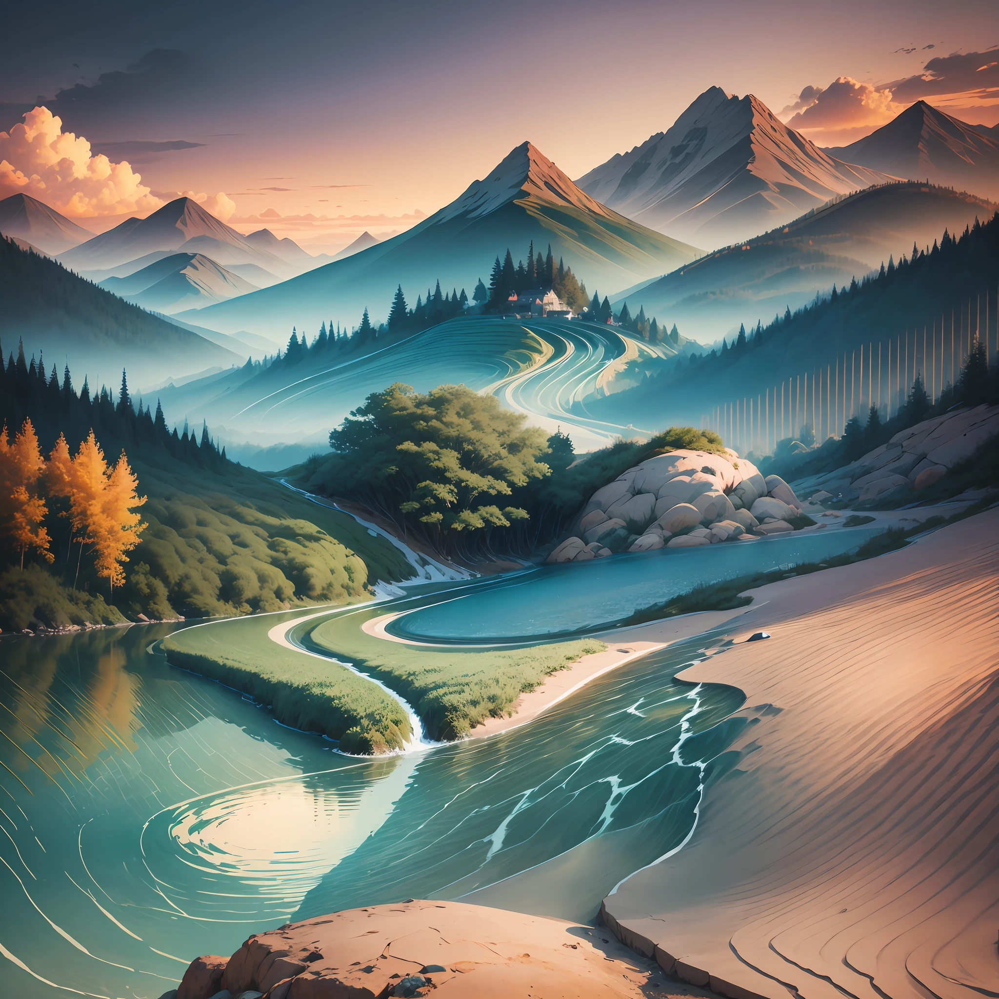 Seamless stylized water, play water texture, mountains, forest, sunset, live light --auto --s2