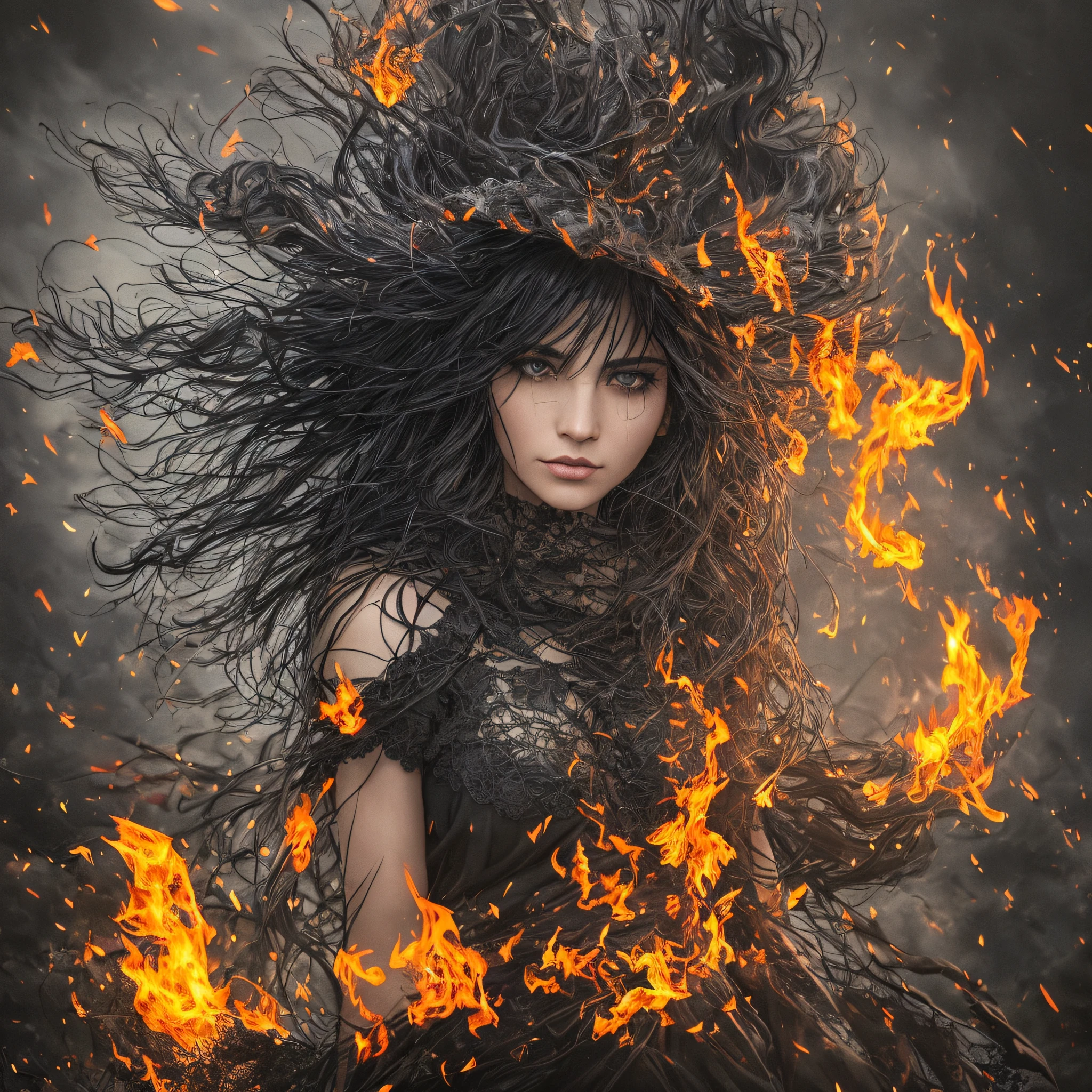 A witch wrapped in a black man emerges from the midst of the flames, like a hellish apparition. Her hair black as night dances in the wind, while her eyes sparkle with an intensity --auto --s2