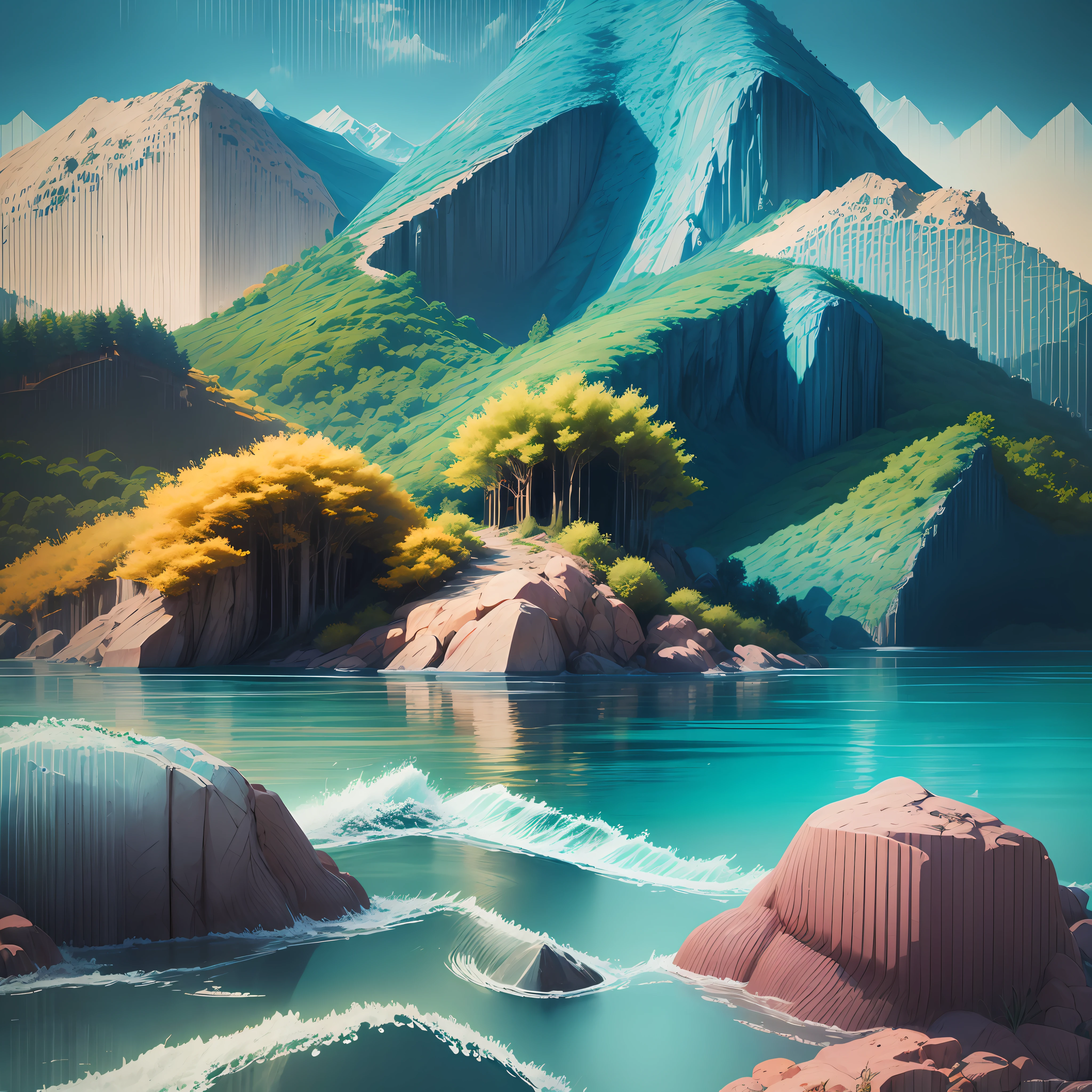 Seamless stylized water, play water texture, mountains, forest, sunset, live light --auto --s2