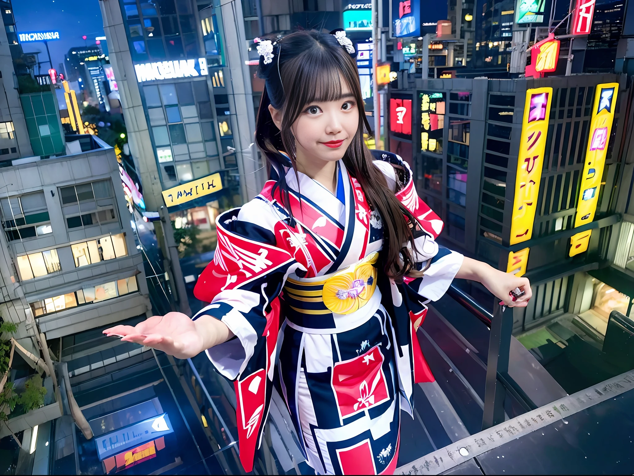 Natsuki Kawamura is flying in the sky, cyborg girl, futuristic city, night, neon street, wide shot, kimono, machine winged