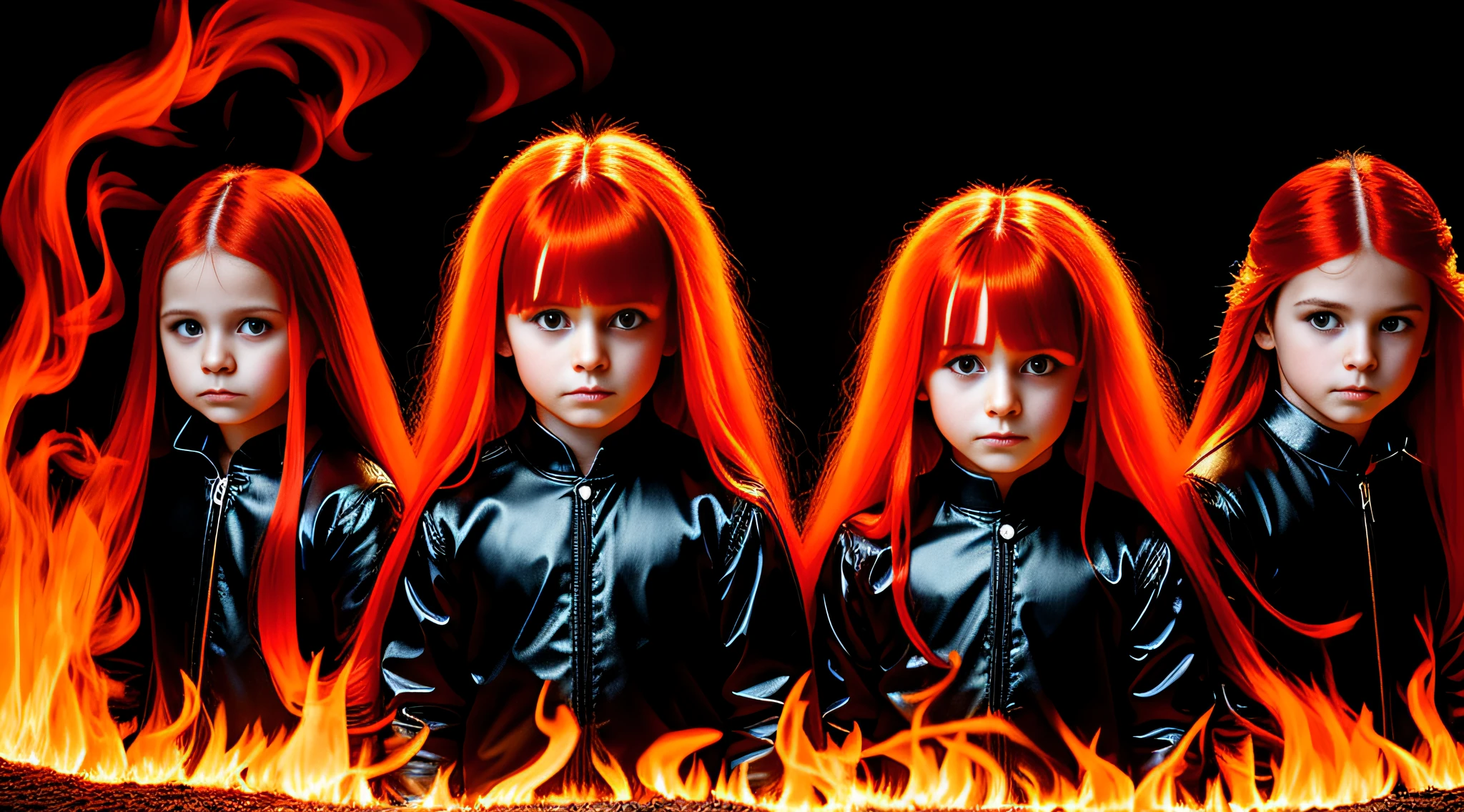3 boys Russian children with , WITH LONG STRAIGHT HAIR, PORTRAIT STYLE, with bright red hair and a black dress, flowing backlit hair, flaming hair, infrared hair, made in maya and photoshop, glamour color portrait, maya, fire hair, flowing orange hair, fractal hair, psychedelic hair flowing, fashion color studio lighting, advertising photography, flowing hair, leeloo, beautiful long fire hair, electrified hair