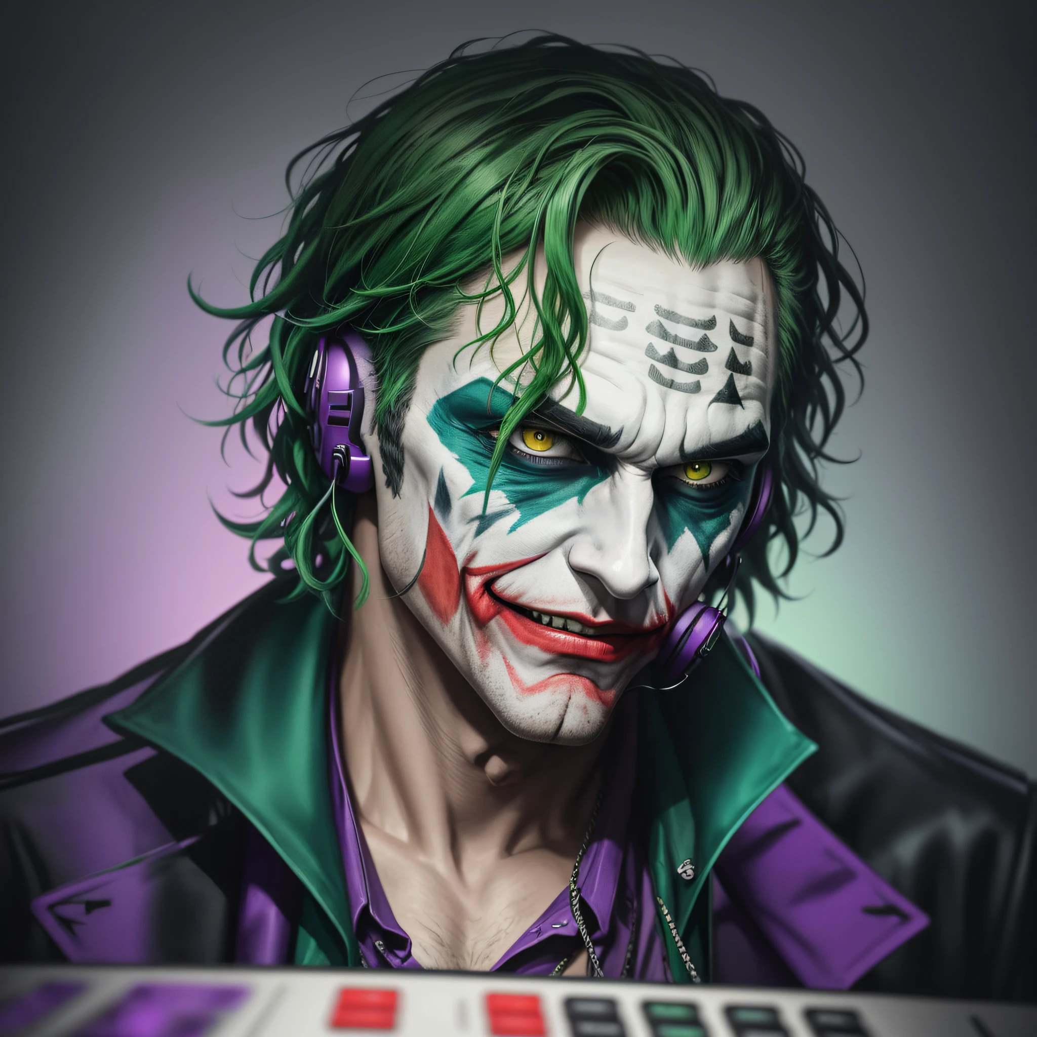 Joker DJ painting of a man with green hair and yellow jacket, BIG RED HEADPHONES BIG, CONTROLLER, digital art by Nicholas Marsicano, reddit, digital art, portrait of the joker, portrait of the joker, portrait of a joker, the joker, joker, the joker (2019), #1 digital painting of all time, #1 digital painting of all time, Joker movie still --auto --s2