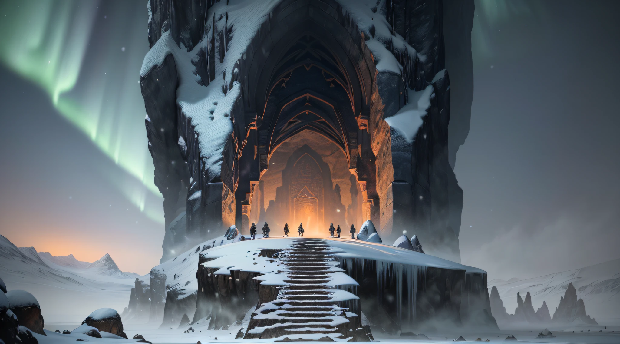 (highly detailed RAW color photo, masterpiece, ultra detailed), The cover features a backdrop of ice and snow, with a deep cave in the center. The faint and mysterious light radiates from the entrance of the cave, creating an enigmatic atmosphere. Around the cave, there are ancient symbols carved into the ice, suggesting the presence of an ancient and powerful creature. The image conveys the mystery and tension of the impending awakening, (aurora borealis:1.1), (fog: 1.7) (rain: 1.2) (snowing:1.3) (winter: 1.9) (masterpiece: 1.2) (illustration: 1.1) (best quality: 1.2) (detailed) (intricate) (8k) (HDR) (wallpaper:1.3) (cinematic lighting) (sharp focus) (photography, soft sky lighting, soft details, artstation trend, ultra high detail, ultra realistic, cinematic, 16k, digital art, Dungeon and Dragons-inspired art)