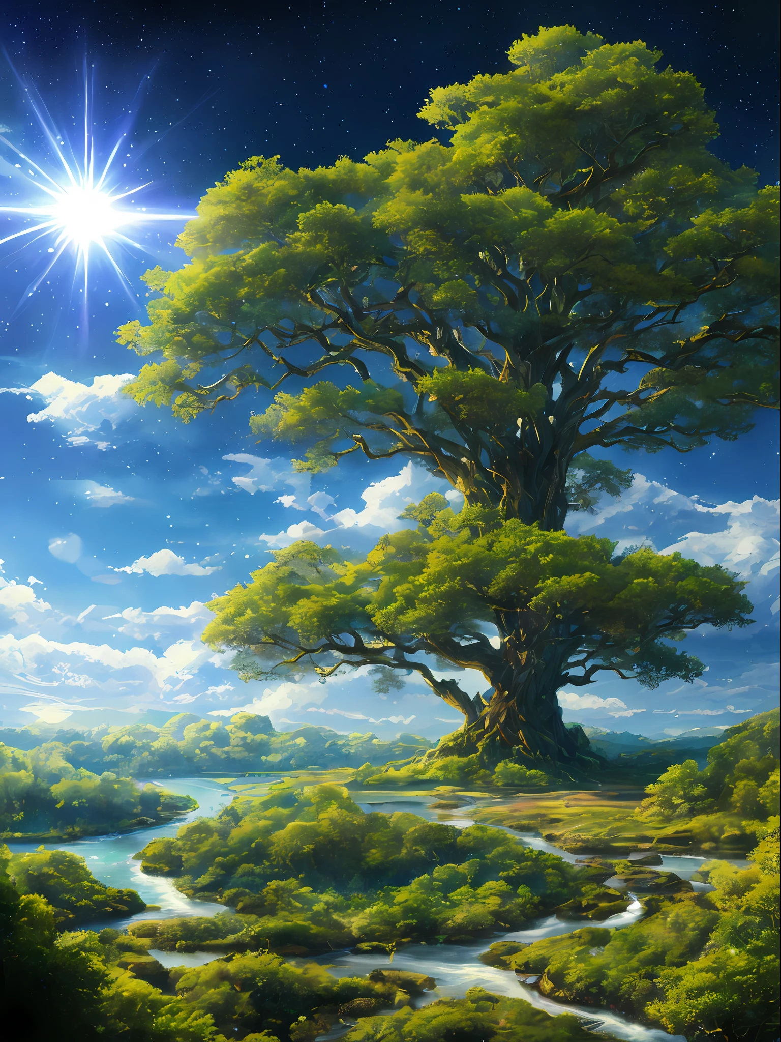 Illustration of a hyper-realistic, otherworldly, ultra-celestial scene with a full-length giant crystal tree, very detailed and magical lighting, intricate forest details, vegetation and river around, sunny punk, landscape, giant tree, beautiful deciduous with beautiful lighting and realistic proportions, as if it were a cinematic background, 8k, the highest quality, a masterpiece, clouds and stars in the sky.