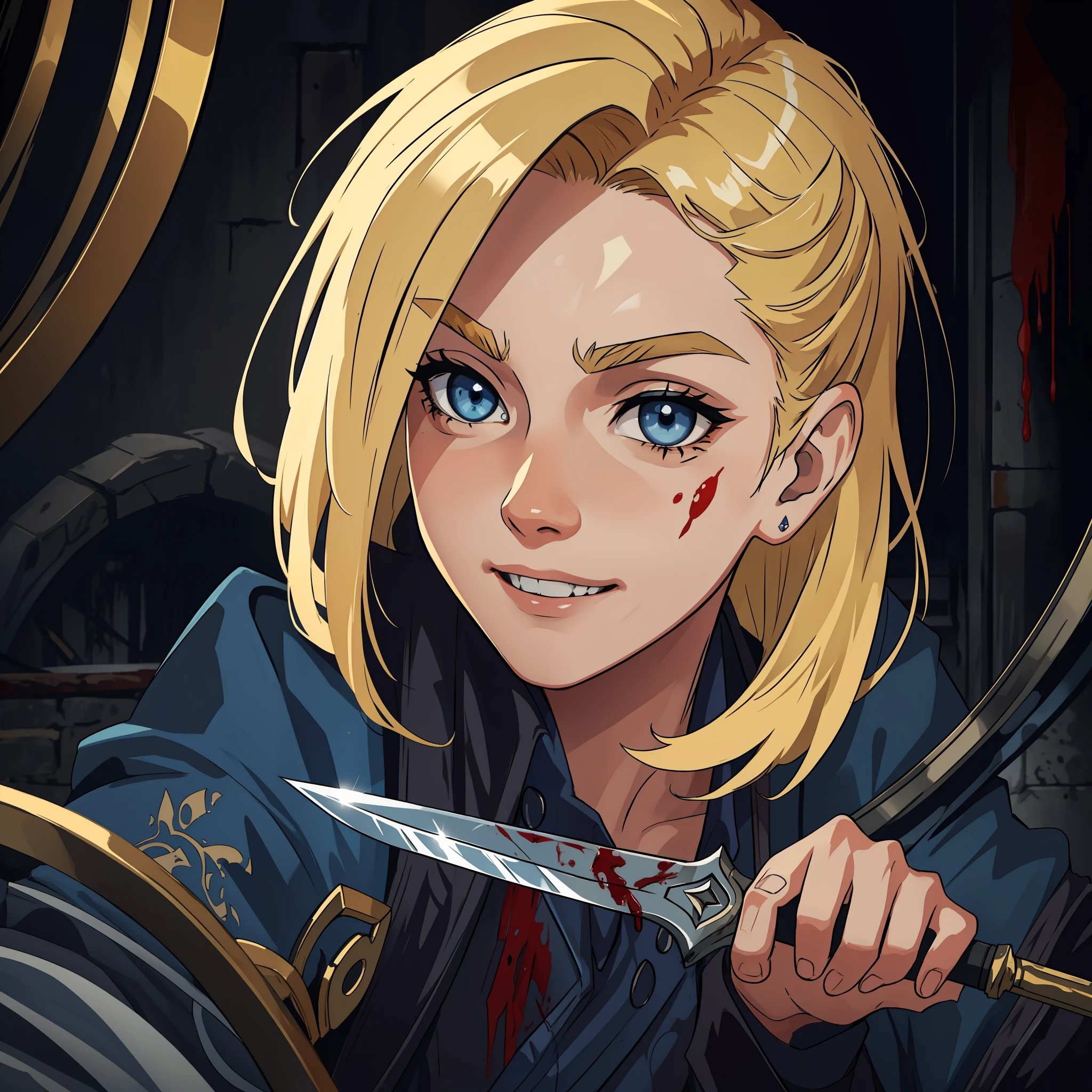 (masterpiece, best quality), intricate details, 8k, artstation, wallpaper, official art, splash art, sharp focus,
1girl, medium hair above shoulders blonde, blue eyes, blonde hair, tattoo on neck and arms, with a knife in hand, manic and menacing expression with a smile, blood on face, blood print on body and face, evil look
Wearing a short white top, dark basement in the background, dark basement print, dark place, disgust