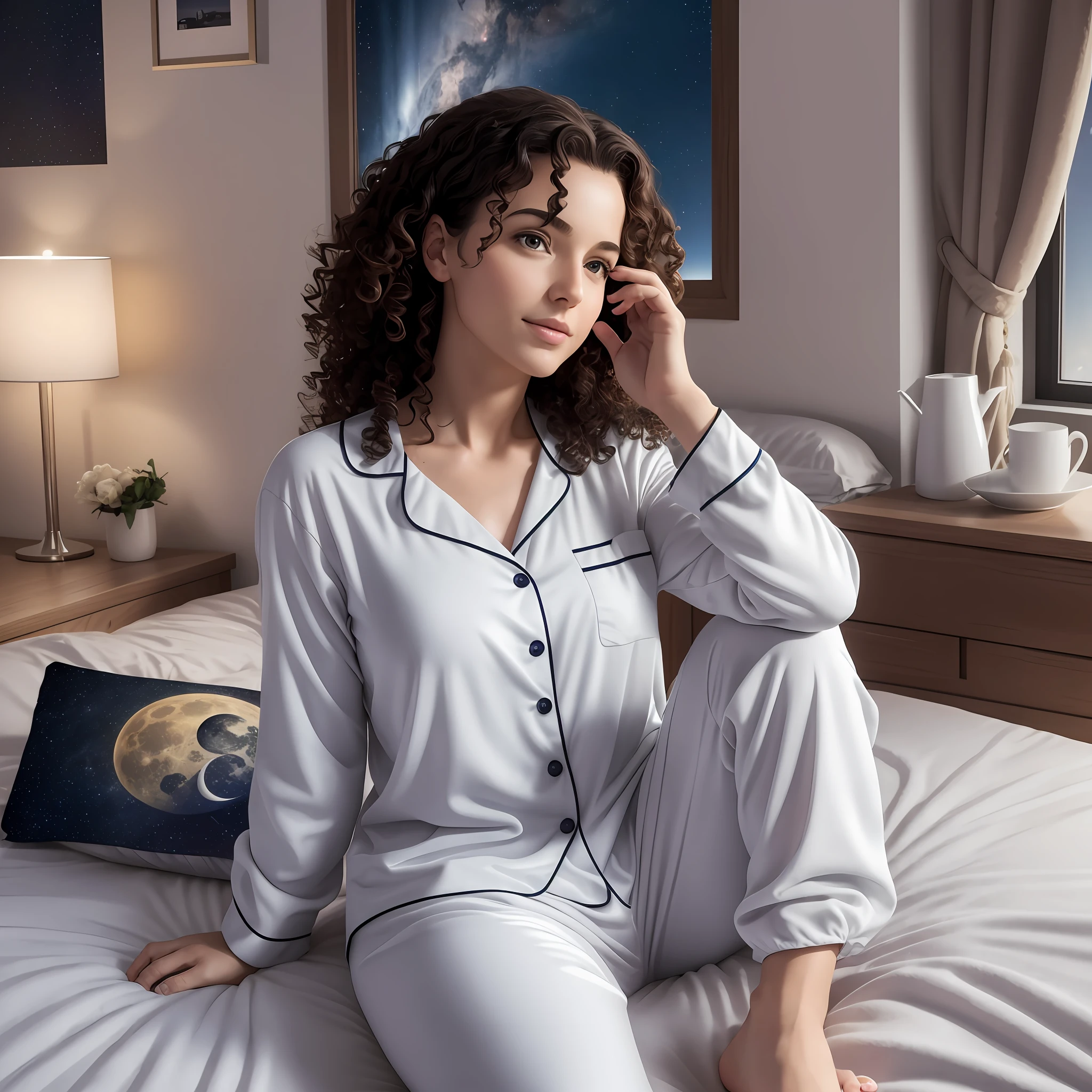 woman (real person: 1.2) perfect skin brunette realistic curly hair (realistic photo: 1.2), hand with 5 fingers each, (realistic photo: 1.2) lying full body real, real feet, (realistic photo), behaved pajamas, lying on a real bed with a cell phone, looking at her phone, lying in bed, cozy bed, double bed, reclining in bed,  In room, with starry sky on moon night well lit, background clouds image in 4K, 8K, ultra realistic high definition, white bed --auto --s2