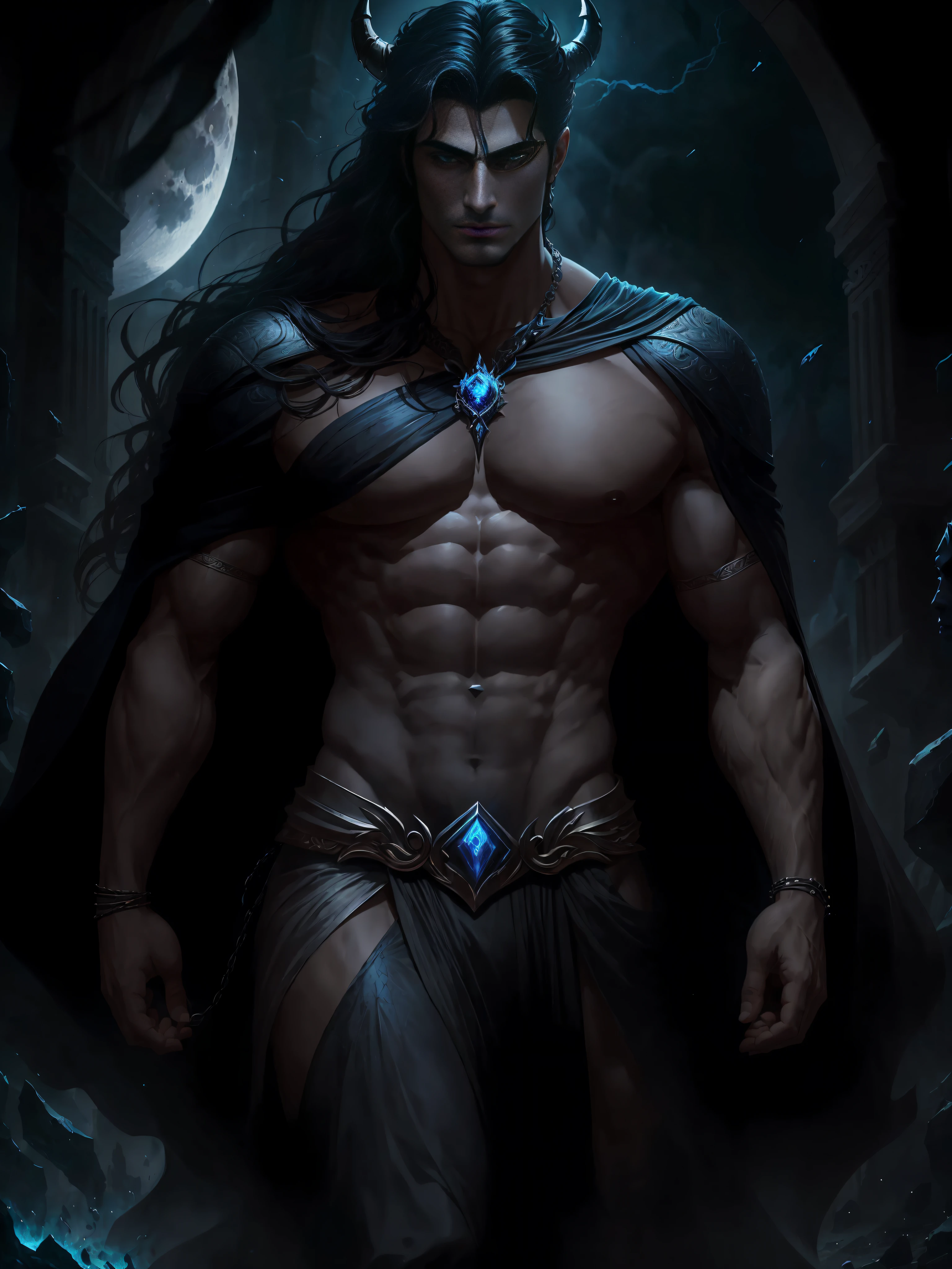 "Create an image that depicts Hades, inspired by the book descriptions of Hades and Persephone, written by Scarlett St. Clair. Hades is described as an imposing and seductive Greek god with a dark and powerful aura. He possesses a tall stature and a sculpted body, emanating strength and authority.
Her black hair is long and dense, falling in seductive waves over her broad shoulders. His deep eyes are the most intense blue color, conveying a magnetic mystery. He has majestic black horns that curve elegantly around his head, further underscoring his divine nature.
The expression on his face reflects a piercing gaze, full of power and knowledge of the dark world he rules. His skin is pale, like the silvery light of the moon, contrasting with the gloomy scenery around him.
In addition, Hades is depicted wearing elegant and majestic costumes, which perfectly match his imposing presence. Their appearance is a balance between beauty and power, attracting both admiration and awe.
When creating the image of Hades, be sure to capture his dominant presence, the intensity of his gaze, and the combination of his dark and seductive features. The image should convey the strength and mystery that surrounds it, bringing to life this fascinating Greek god of the underground."