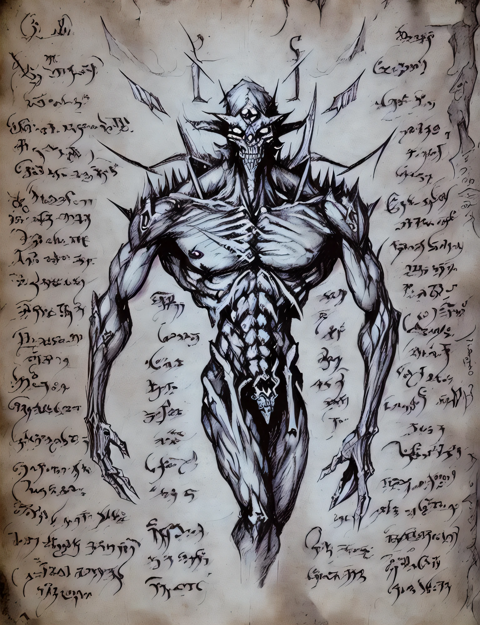 (PLAIN WHITE BACKGROUND), draft,closeup demonic (cyborg), anatomy, necronomicon, scribbled,handwritten text,