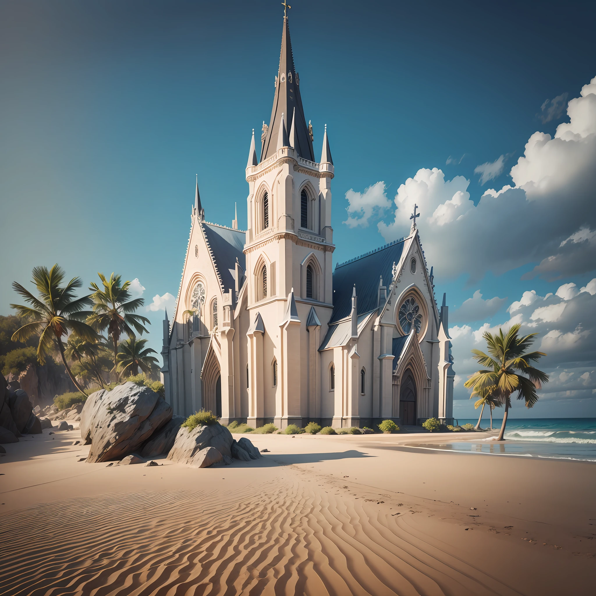 Create a realistic image of a Gothic-style church on a beach