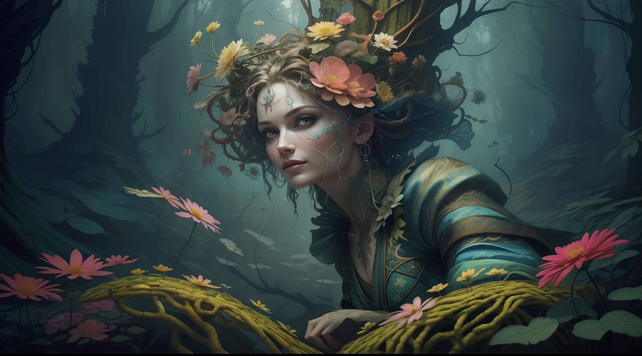 horror art, fear, unified 8k wallpaper, super detailed, beauty and aesthetics, masterpiece, best quality, (zentangle, mandala, tangles, entanglements), 1girl, (shimmering tulle earth tones intricate flower woven robes: 1.2), deep and rich black shadows, (up close from the side: 1.1), Mother Earth, smiling, enchanting whimsical fantasy forest background, happiness, enchanting atmosphere, very detailed, dynamic angle, cowboyshot, the most beautiful chaotic forms, elegance, fauvist design, bright colors, romanticism, by James Jean, Robbie Devi Antonio, Ross Tran, Francis Bacon, Michal Mraz, Adrian Gaini, Petra Koreit, Gerhard Richter, Takashi Yamamoto, Ashley Wood, Atmospheric