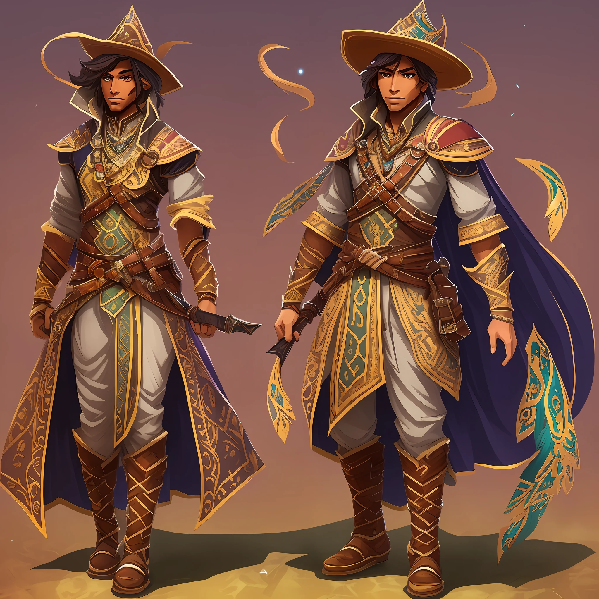 a drawing of a woman with a sword and a hat, as a dnd character, caleb from critical role, a human bard, botw style, lucio as a woman, as a d & d character, full body concept, long haired humanoid fursona, brown skin man egyptian prince, delicate androgynous prince, clothes themed on a peacock mage --auto --s2