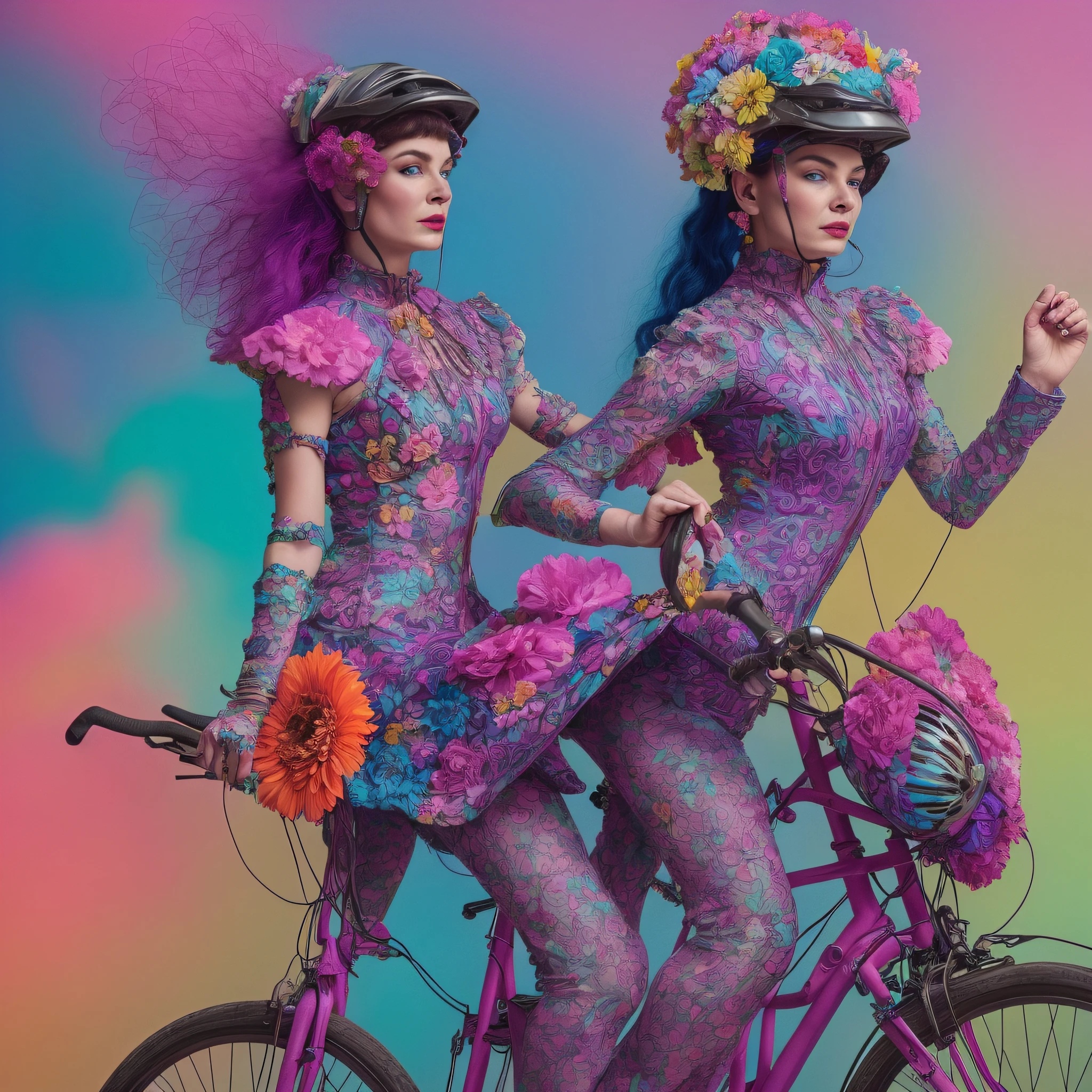A beautiful model riding a bicycle, wearing a floral dress and a helmet, in a cyberpunk flowerpunk setting. The model has a striking resemblance to Bjork, radiating a cosmic aura. The flowerpunk theme is accentuated with vibrant flowers and futuristic elements like neon lights and holographic projections. The scene exudes a mix of elegance and rebellion. The image will be rendered as an illustration with bold colors and intricate details, showcasing the intricate patterns on the model's dress and helmet. --ar 16:9 --v 5