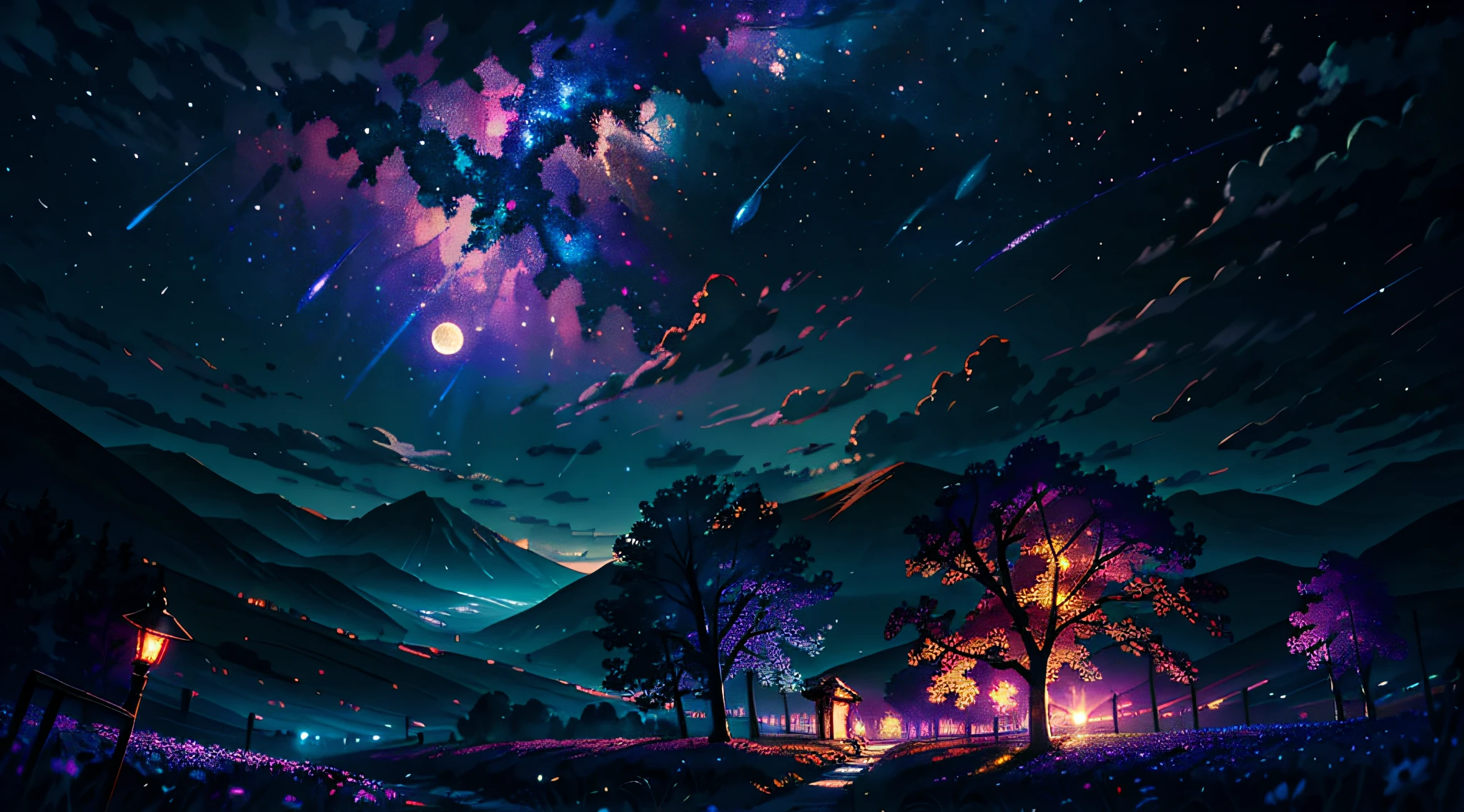 expansive landscape photograph , (a view from below that shows sky above and open field below), a girl standing on flower field looking up, (full moon:1.2), ( shooting stars:0.9), (nebula:1.3), distant mountain, tree BREAK
production art, (warm light source:1.2), (Firefly:1.2), lamp, lot of purple and orange, intricate details, volumetric lighting BREAK
(masterpiece:1.2), (best quality), 4k, ultra-detailed, (dynamic composition:1.4), highly detailed, colorful details,( iridescent colors:1.2), (glowing lighting, atmospheric lighting), dreamy, magical, (solo:1.2)
