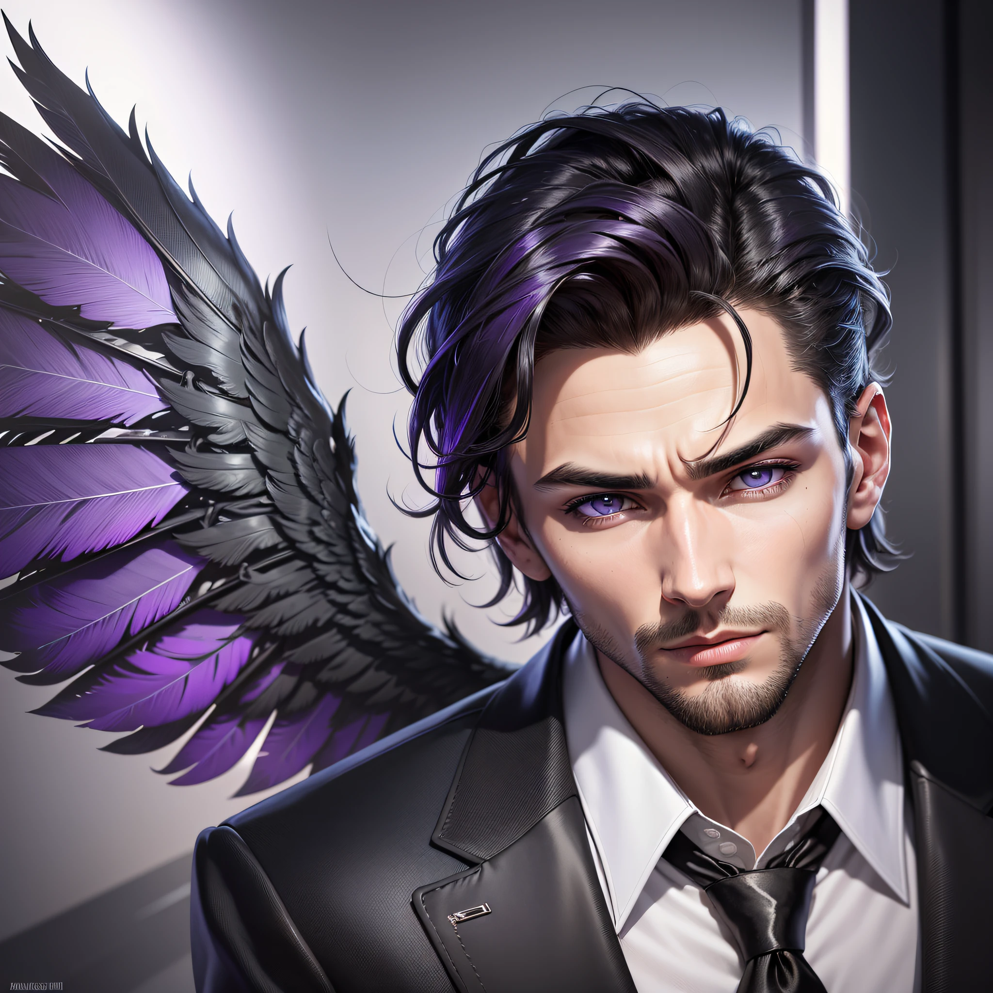 High Quality ultra realistic image of a man.  The man is a fallen angel.  His features are angelic.  His features are sharp.  His eyes are narrow purple slits.  Has short black hair, slicked back hair.  He is dressed in a black bumodern business suit.  He has black feather wings and is holding a futuristic looking rifle