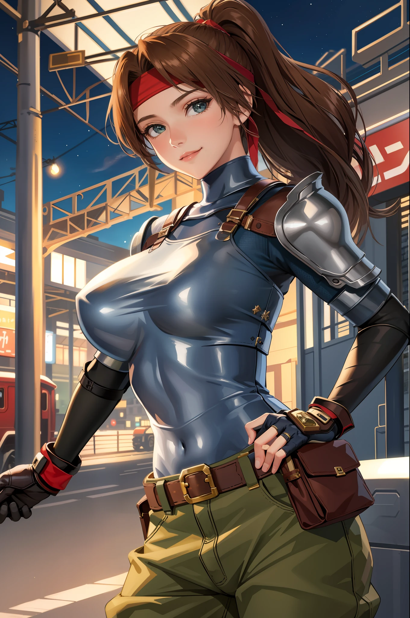 masterpiece, best quality, jessie rasberry, headband, armor, blue bodysuit, belt, pouch, fingerless gloves, green pants, smirk, looking at viewer, train station, night, (huge breasts)