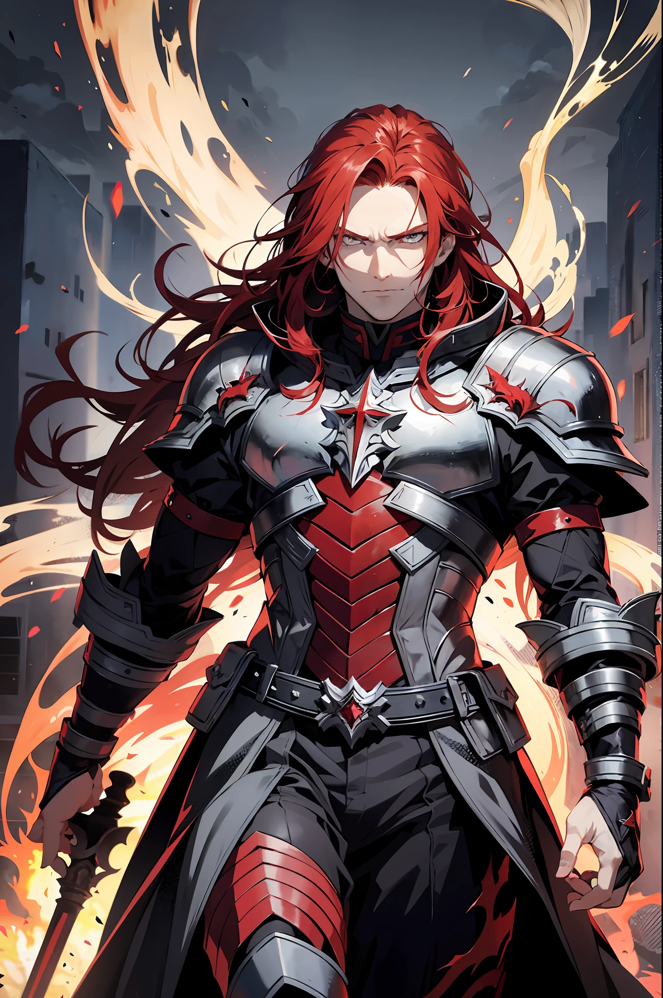 A man with long, red hair, a dark and lifeless look, he is a villain, an emperor in a shattered kingdom full of magma and destruction, fire everywhere, he walks in his dark armor amid the chaos;