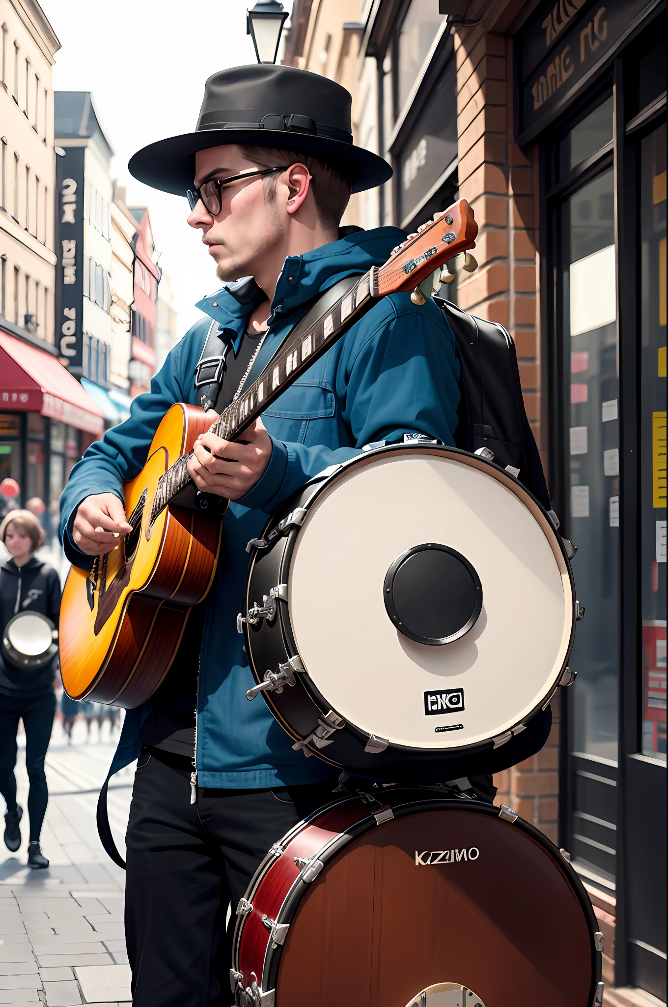 a one-man band playing a lot of musical instruments in the highstreet, guitar, big drum on his back, kazoo, other instruments, city background