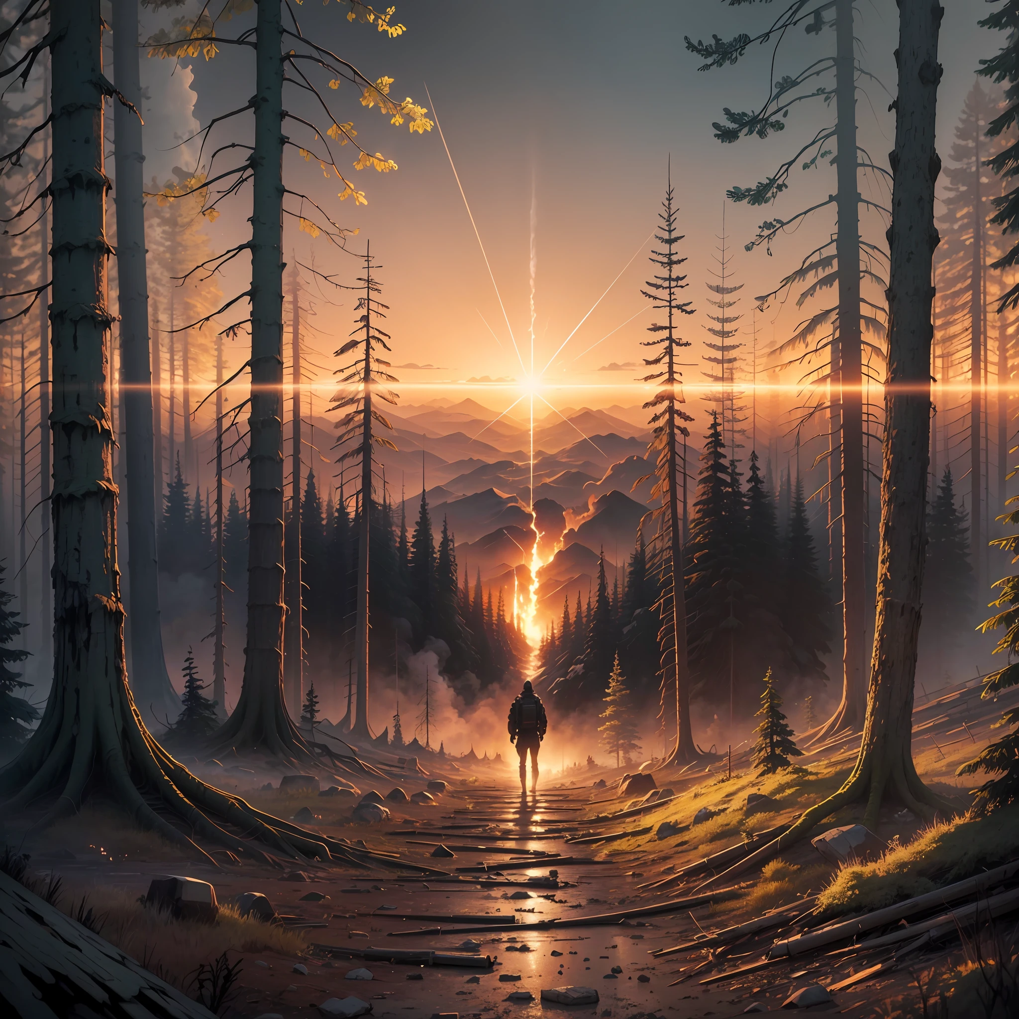 A survivor, without equipment, and a post-apocalyptic forest setting, staring at a small explosion on the horizon. 2560x1440 --auto --s2