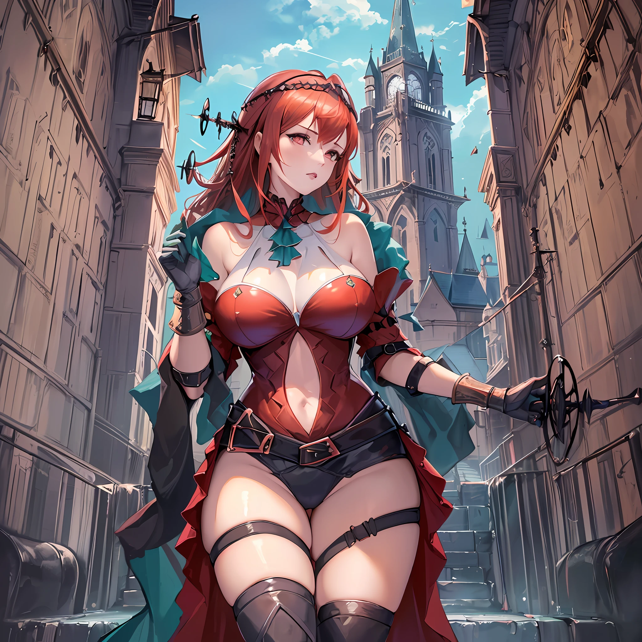 Tall Beautiful Woman ((Sexy)) ((Redhead)) (Armor) ((Sensual)) ((Sexy Pose)) Sample Breasts (((Thick Thighs)) (Sword) ((Diaba)) Tower((Gothic)) ((Well Detailed)) (((High Resolution)) ((High Quantity Image)) (Full HD)