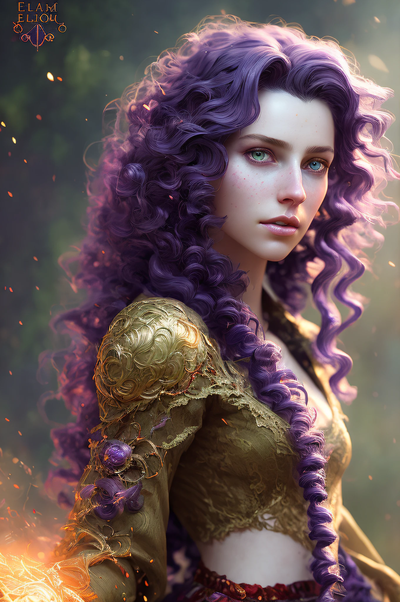 Head in close-up, looking forward, realistic portrait of digital painting of a female Gothic blood elf, (curly hair:1.1), (purple hair:1.3), dark and red magical universe, magical cloth armor with red and yellow engraving in intricate detail, (abstract background:1.2), (light particle:1.1), (very detailed skin:1.2), (game concept:1.3), (Elden Ring style:1.3),  (arcane style:0.8), (depth of field:1.3), global lighting, art by Hoang Lap and Fuji Hoko and Artgerm and Greg Rutkowski and Viktoria Gavrilenko