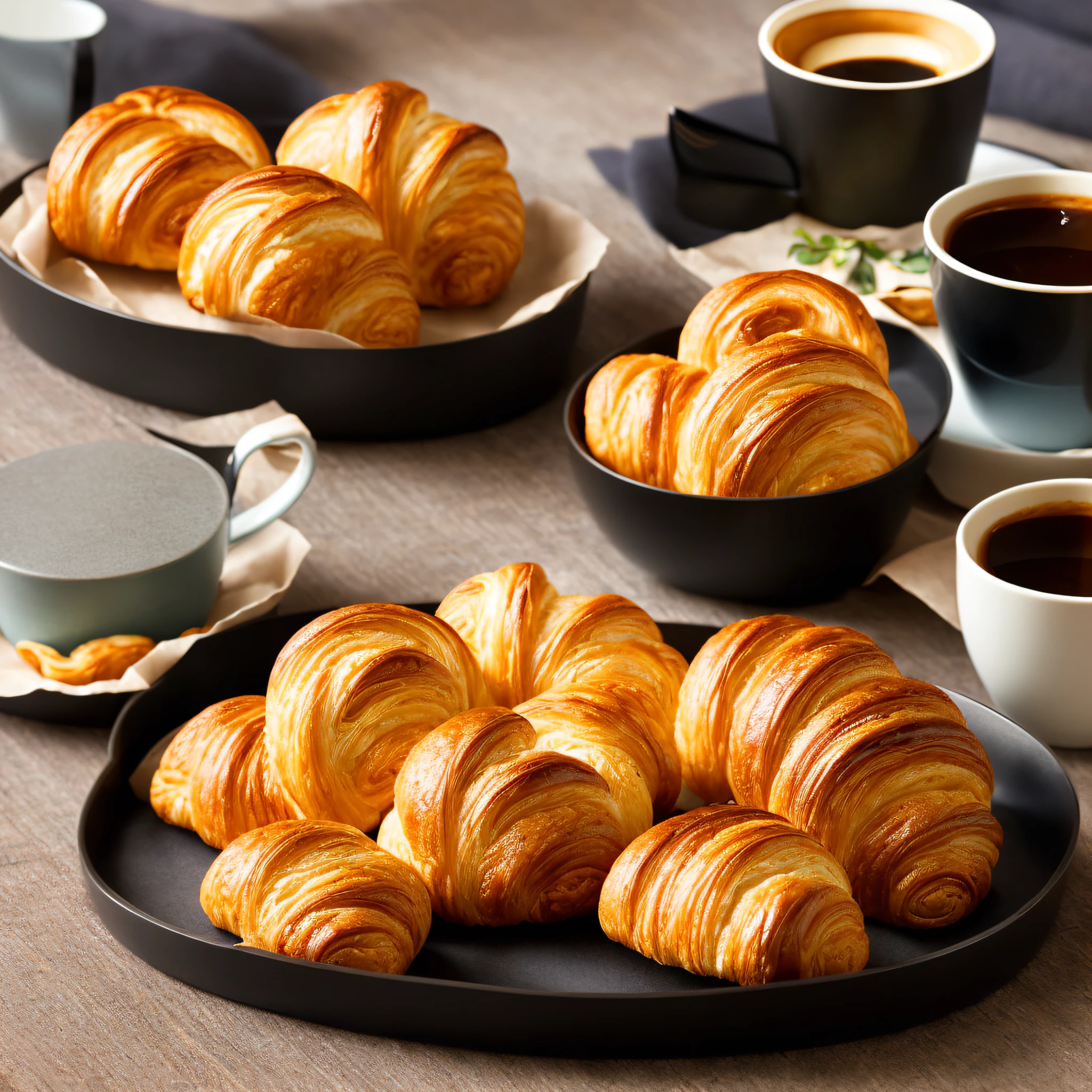 (cozy photo, best quality, warm and soft lighting), ((small tray with two freshly baked buns and a fresh croissant, a cup of black coffee with smoke)) (small fruits), (small details of charm, flowers of the field, warm sun, soft shade, dawn of the day), individual portion,
