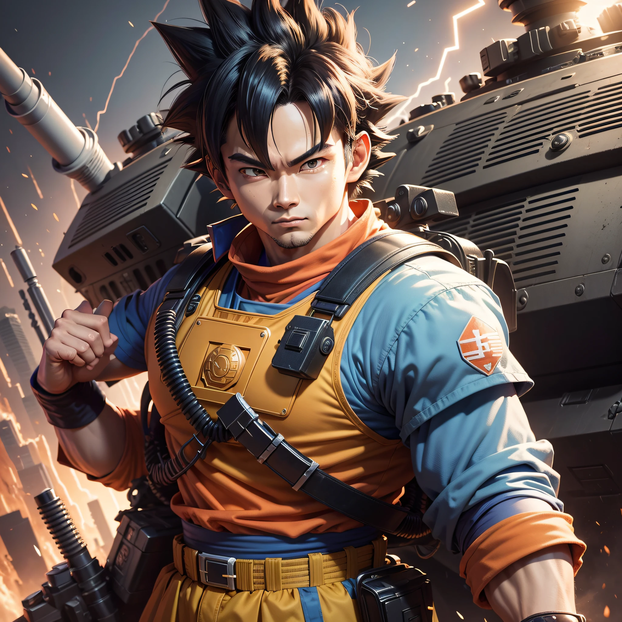Goku in uniform, Akira Toriyama style, Rangers uniform, Delta Force, battlefield, tank war background, high detail, modern, cinematic lighting, drop shadow, Hasselblad, Ultra-Wide Angle, UHD, masterpiece, super detail, high quality, best quality, 1080P, 8k