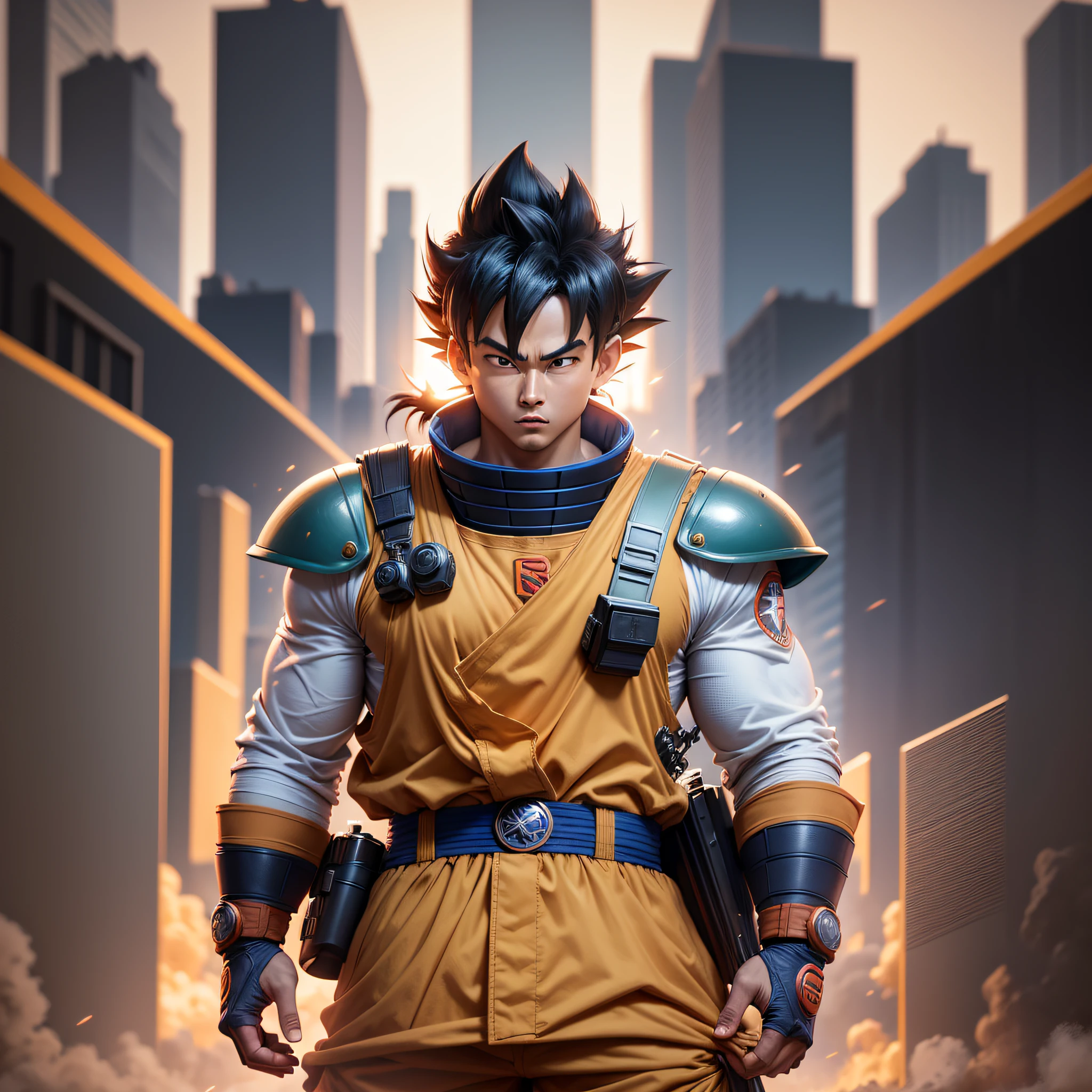Goku in uniform, Akira Toriyama style, Rangers uniform, Delta Force, battlefield, tank war background, high detail, modern, cinematic lighting, drop shadow, Hasselblad, Ultra-Wide Angle, UHD, masterpiece, super detail, high quality, best quality, 1080P, 8k