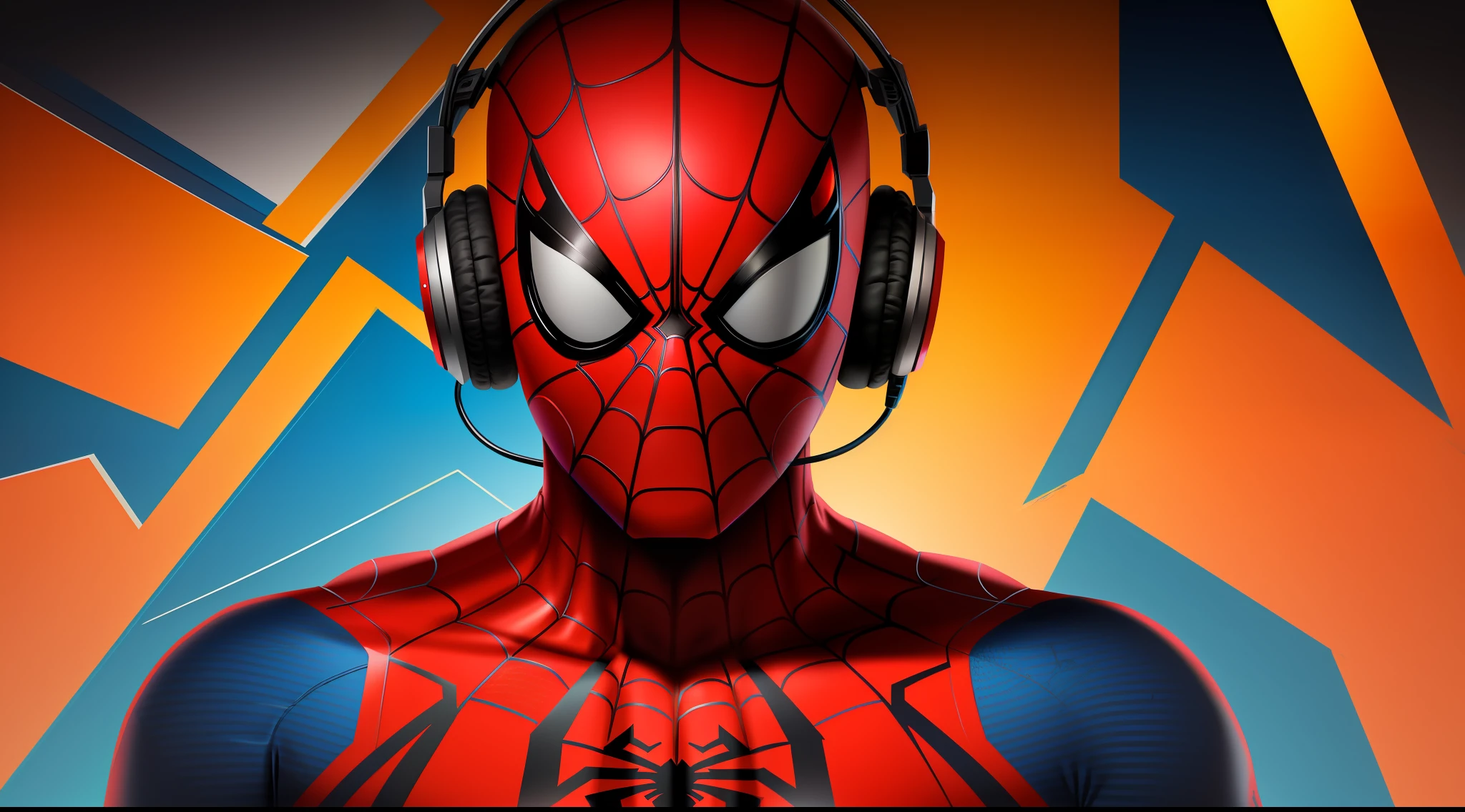 centered, isometric, vector t-shirt art ready to print highly detailed colourful graffiti illustration of Spiderman, wearing headphones, face is covered by highly detailed damaged spiderman mask, vibrant color, high detail