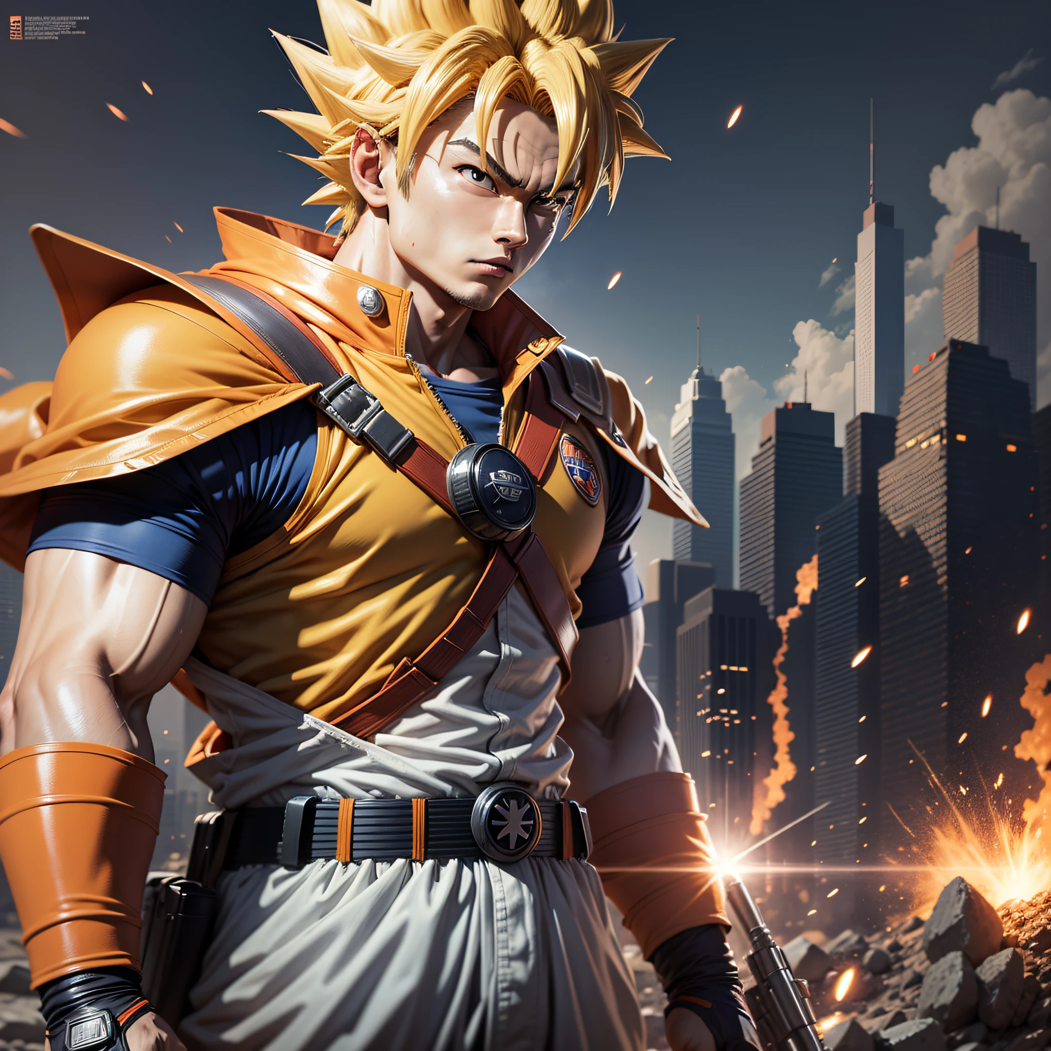 Goku in uniform, Akira Toriyama style, Rangers uniform, Delta Force, battlefield, tank war background, high detail, modern, cinematic lighting, drop shadow, Hasselblad, Ultra-Wide Angle, UHD, masterpiece, super detail, high quality, best quality, 1080P, 8k