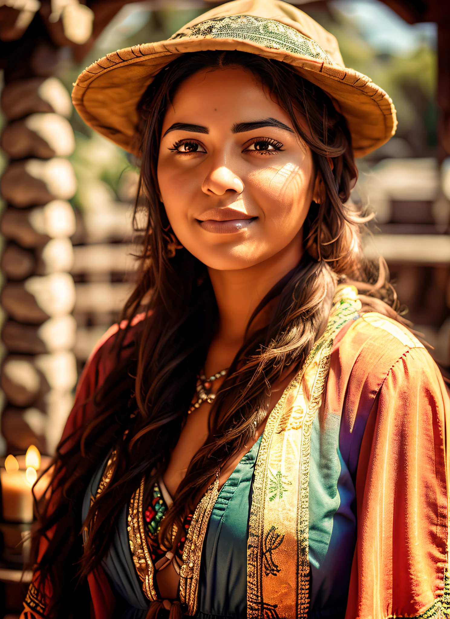 Intricate portrait of a very beautiful Mexican woman in typical Mexican costume, lit by hot lit candles, with a Mexican backdrop in the background. impressive interpretive look. f1.0lens. with a backdrop of Mexican countryside in the background. stunning interpretive look, hat maximalist