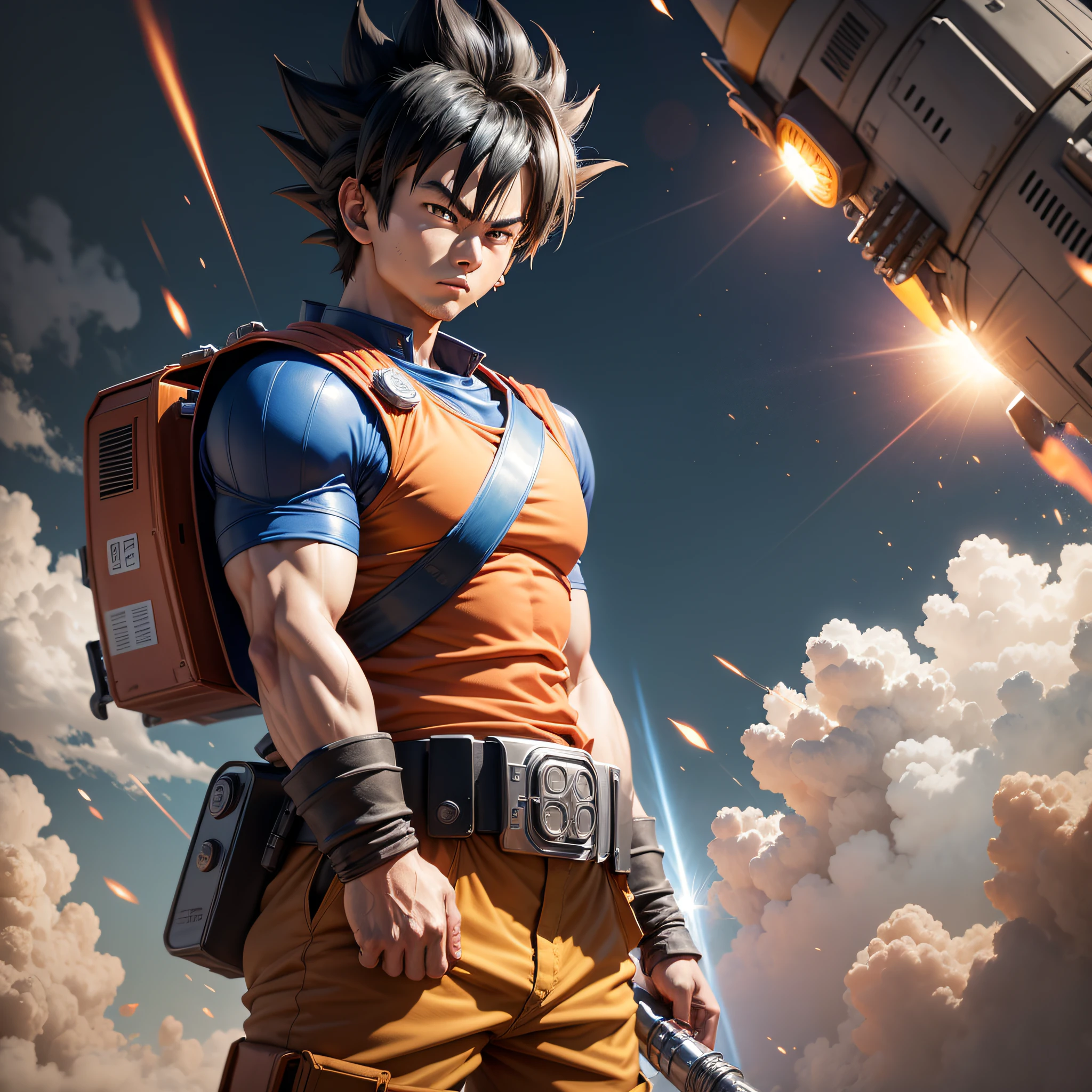 Goku in uniform, Akira Toriyama style, Rangers uniform, Delta Force, battlefield, tank war background, high detail, modern, cinematic lighting, drop shadow, Hasselblad, Ultra-Wide Angle, UHD, masterpiece, super detail, high quality, best quality, 1080P, 8k