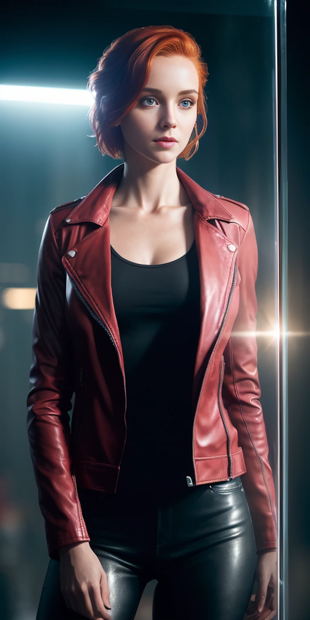 Masterpiece, (((full figure))) entire body in frame, (((magical lighting action shot))) (((beautiful slight smile anorexic pale goddess irrish woman standing frozen in glass))), (((red leather jacket))) , (((short redhead hair))) sunset lighting, golden hour, golden colors, very detailed, dramatic lighting, digital art trending on Artstation 8k HD high definition detailed realistic, detailed, skin texture, hyper detailed, realistic skin texture, armature, best quality, ultra high res, (photorealistic:1.4), high resolution, detailed, raw photo, sharp re, by lee jeffries nikon d850 film stock photograph 4 kodak portra 400 camera f1.6 lens rich colors hyper realistic lifelike texture dramatic lighting unrealengine trending on artstation cinestill 800, (((accurate female anatomy, perfect eyes)))