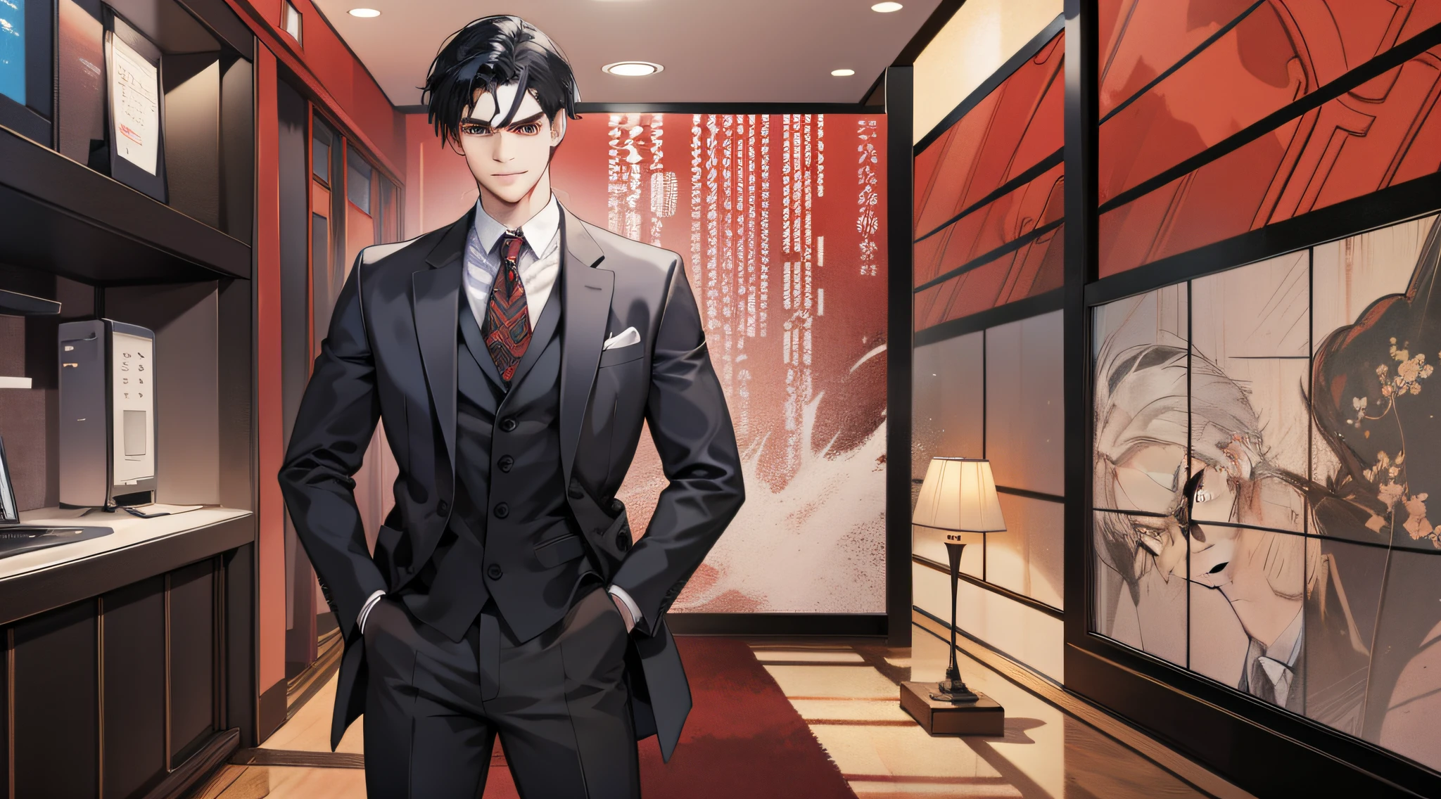 Drawing style manga, male character, V-shaped eyebrows, short hair, black, wearing a suit, smiling, hands in pockets, background in a hotel.