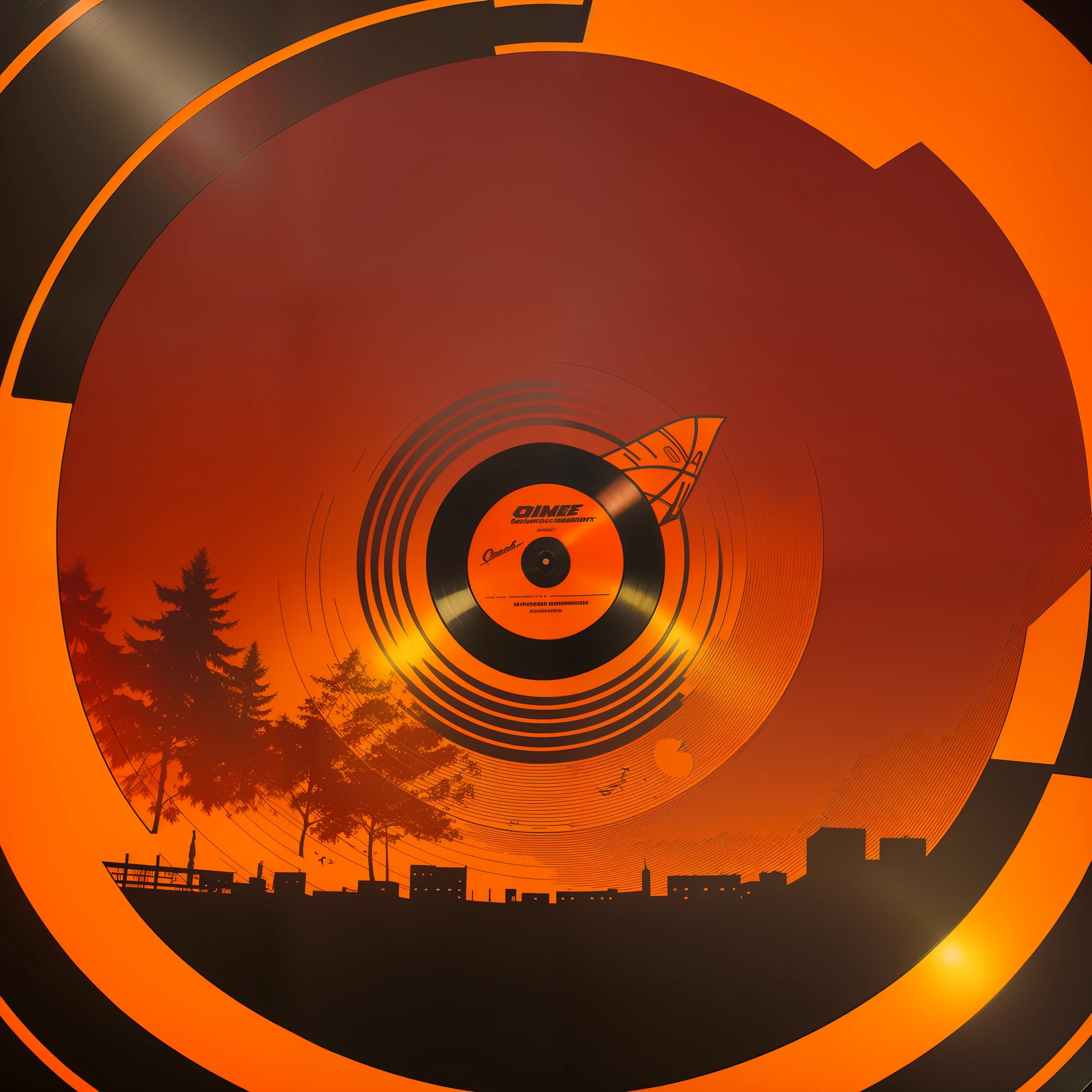vinyl disk, sunset, orange, flying notes