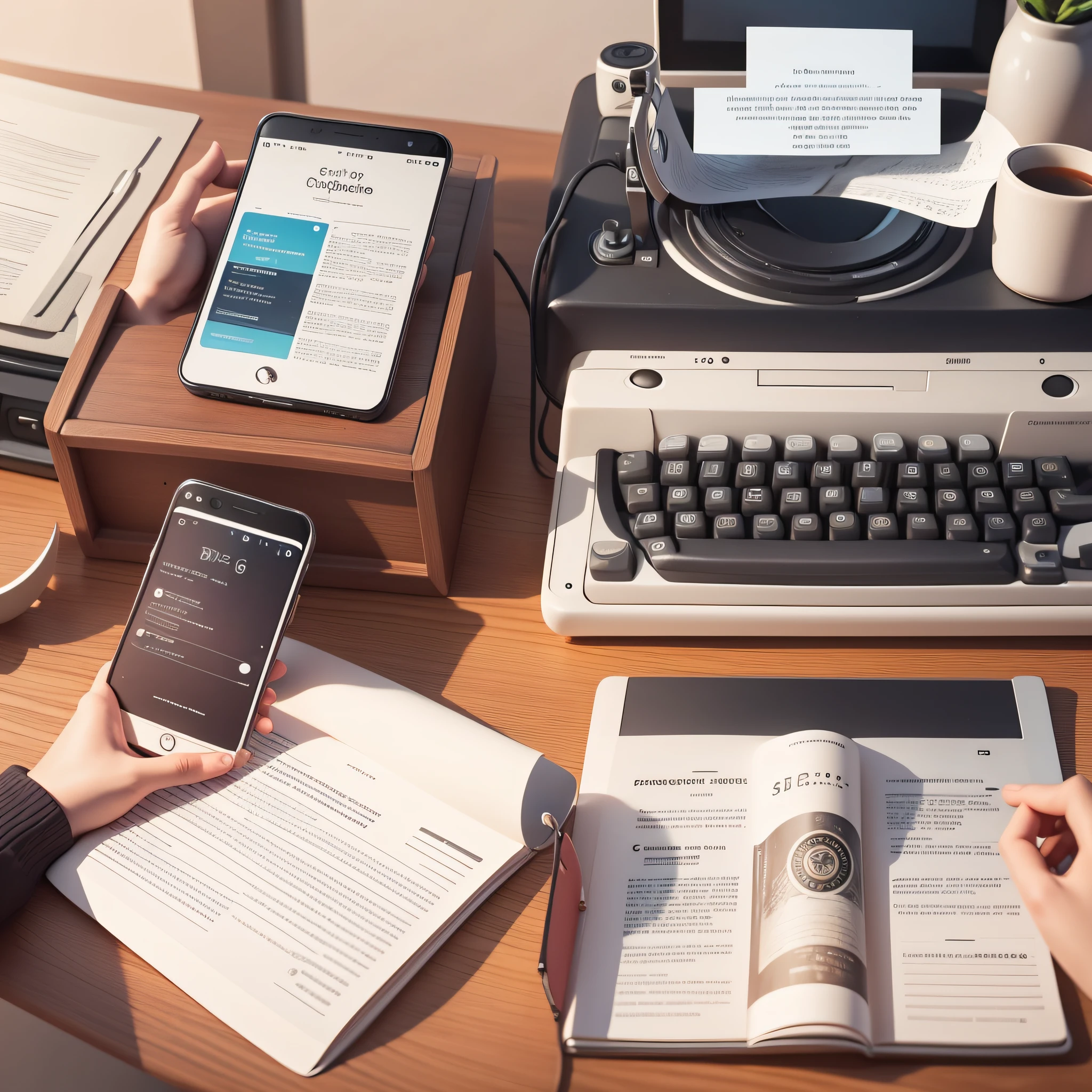 An image with a light-colored background, representing a modern and technological environment. In the center of the image, place a mature, smiling, and confident person holding a smartphone in their hand. Surround this person with visual elements that symbolize the analog world, such as an old rotary phone, a vintage typewriter, and a printed newspaper. At the same time, incorporate elements from the digital world, such as social media icons, a laptop, and a cloud icon.
This image will convey the message of transitioning from analog to digital, showing a mature individual who is adapted to modern technologies and ready to explore the digital world. This visual representation will help capture users' attention, evoke identification with the theme, and pique curiosity to read your post and learn more about security tips and important concepts for using computers and smartphones. --auto --s2