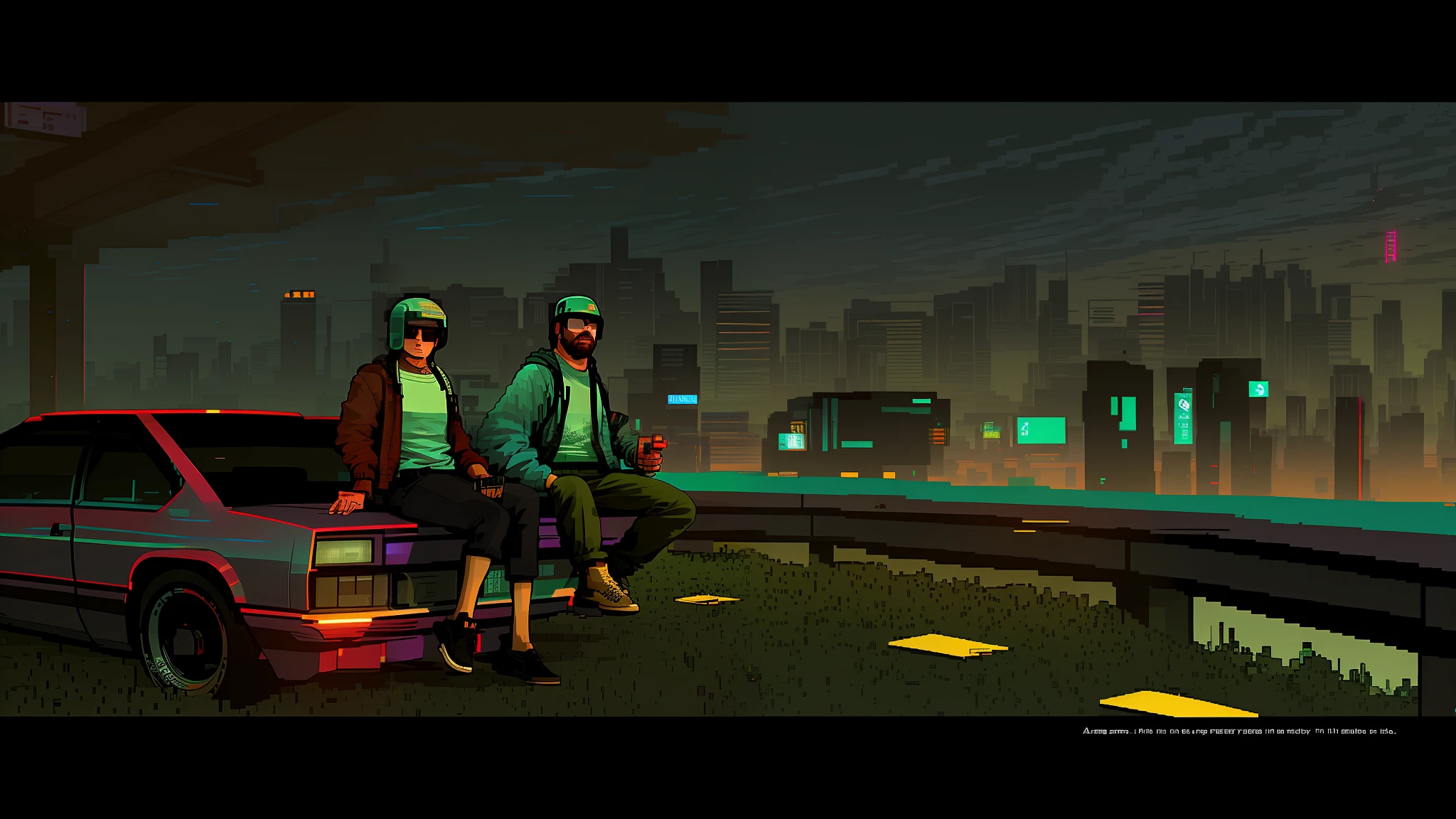 There are two people sitting in a car in a city, Jet Ground background radio, Cyberpunk Pixel Art, Alena Aenami and Android Jones, Lo-Fi Retro Videogame, Still Videogame, #pixelart:3, 32-bit pixel art, in Cyberpunk City, GTA Art Style, cutscene, background art, #pixelart, #pixelart, GTA Artstyle --ar 16:9 --auto --s2