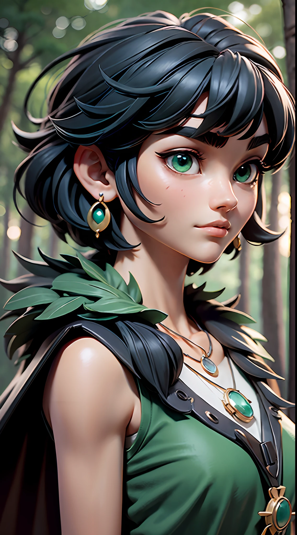mj3d style,3dmm,3d,(masterpiece, best quality:1.1), ghibli style, san \(mononoke hime\), 1girl, armlet, bangs, black hair, black undershirt, breasts, cape, circlet, earrings, facepaint, floating hair, forest, fur cape, green eyes, jewelry, looking at viewer, medium breasts, nature, necklace, outdoors, parted bangs, shirt, short hair, sleeveless, sleeveless shirt, solo, tooth necklace, tree, upper body, white shirt