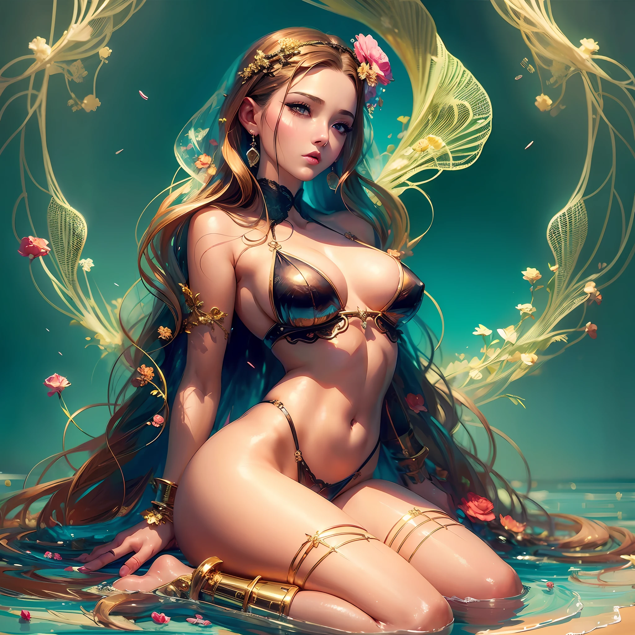 Sexy woman in bikini and cape poses in a froesta, light redhead goddess, karol bak uhd, anime goddess, beautiful seductive anime woman, ross tran 8k, bikini in gold, full body CGSOCIETY, shiny plastic bikini, realistic bikini, deviantart artstation cgscosiety, cinematic goddess body shot, beautiful goddess, beautiful realistic, (full body girl), big, small lingerie, thin lace, beautiful face, sun, cinematic light, a beautiful woman, beautiful eyes, perfect anatomy, very beautiful, princess eyes, (black eyes), (head frame), centered image, stylized, bioluminescence, --auto --s2