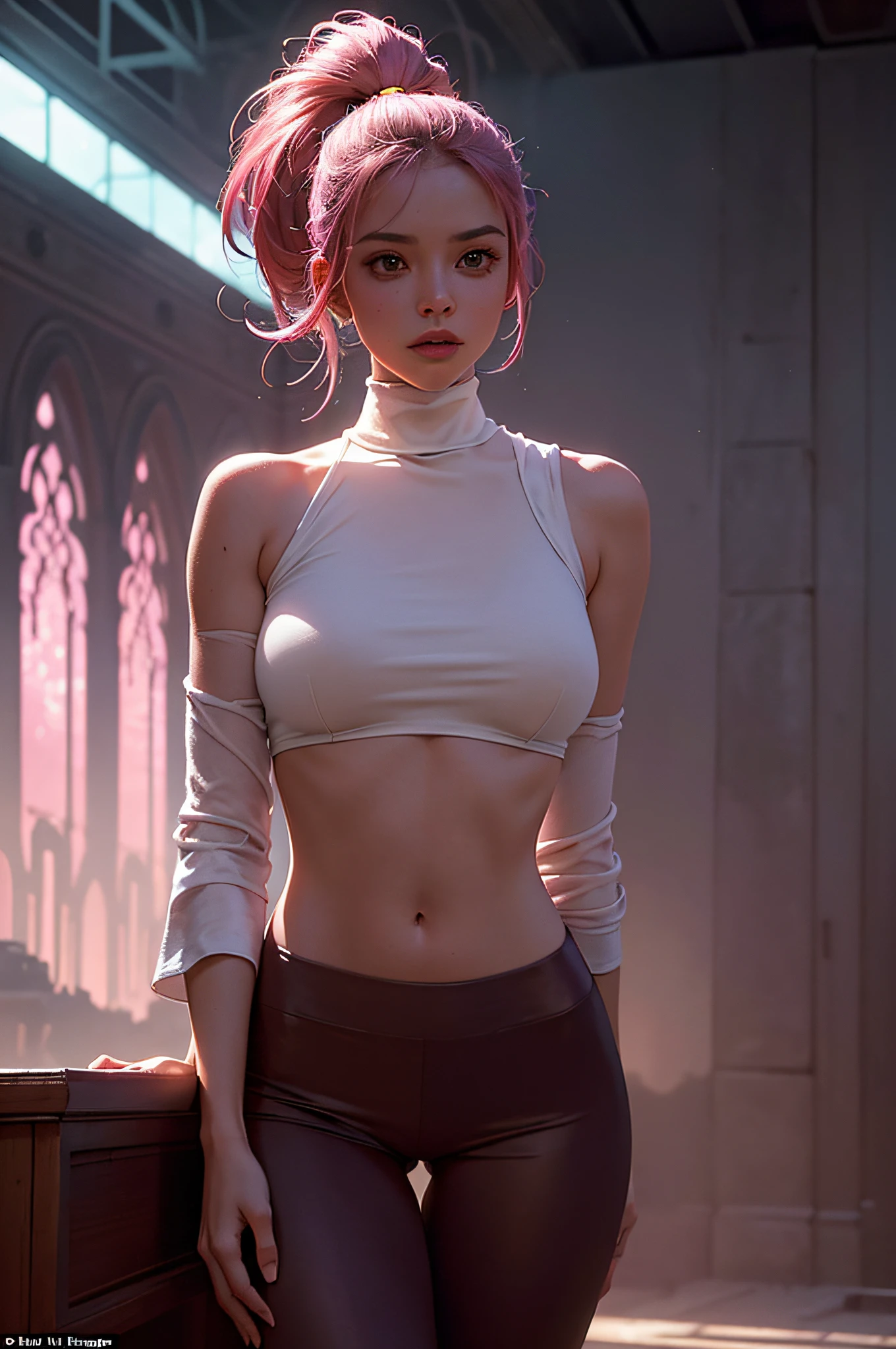 enigmatic atmosphere, atmospheric, ethereal quality,realistic,beautiful and aesthetic,
solo,groin,Pink turtleneck, brown pants,(nsfw:0.85),
Democracy,
power station,
(Glowing ambiance, enchanting radiance, luminous lighting, ethereal atmosphere, mesmerizing glow, evocative hues, captivating coloration, dramatic lighting, enchanting aura),