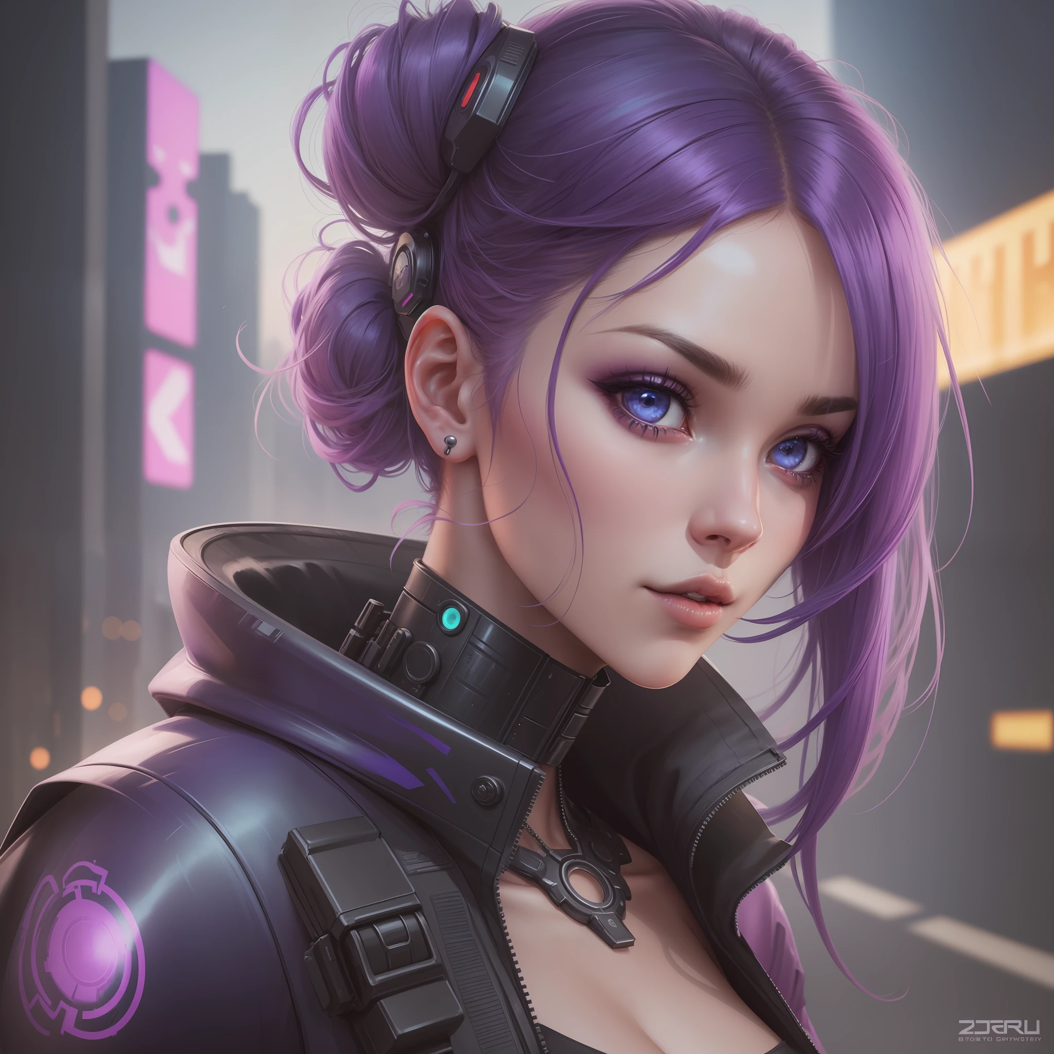 a close up of a woman with a purple hair and blue eyes, portrait beautiful sci - fi girl, cgsociety portrait, portrait of a sci - fi woman, beautiful cyberpunk girl face, futuristic woman portrait, stunning digital illustration, attractive sci - fi face, the cyberpunk girl portrait, deviantart artstation cgscosiety, 8k portrait render, beautiful cyberpunk woman model --auto --s2