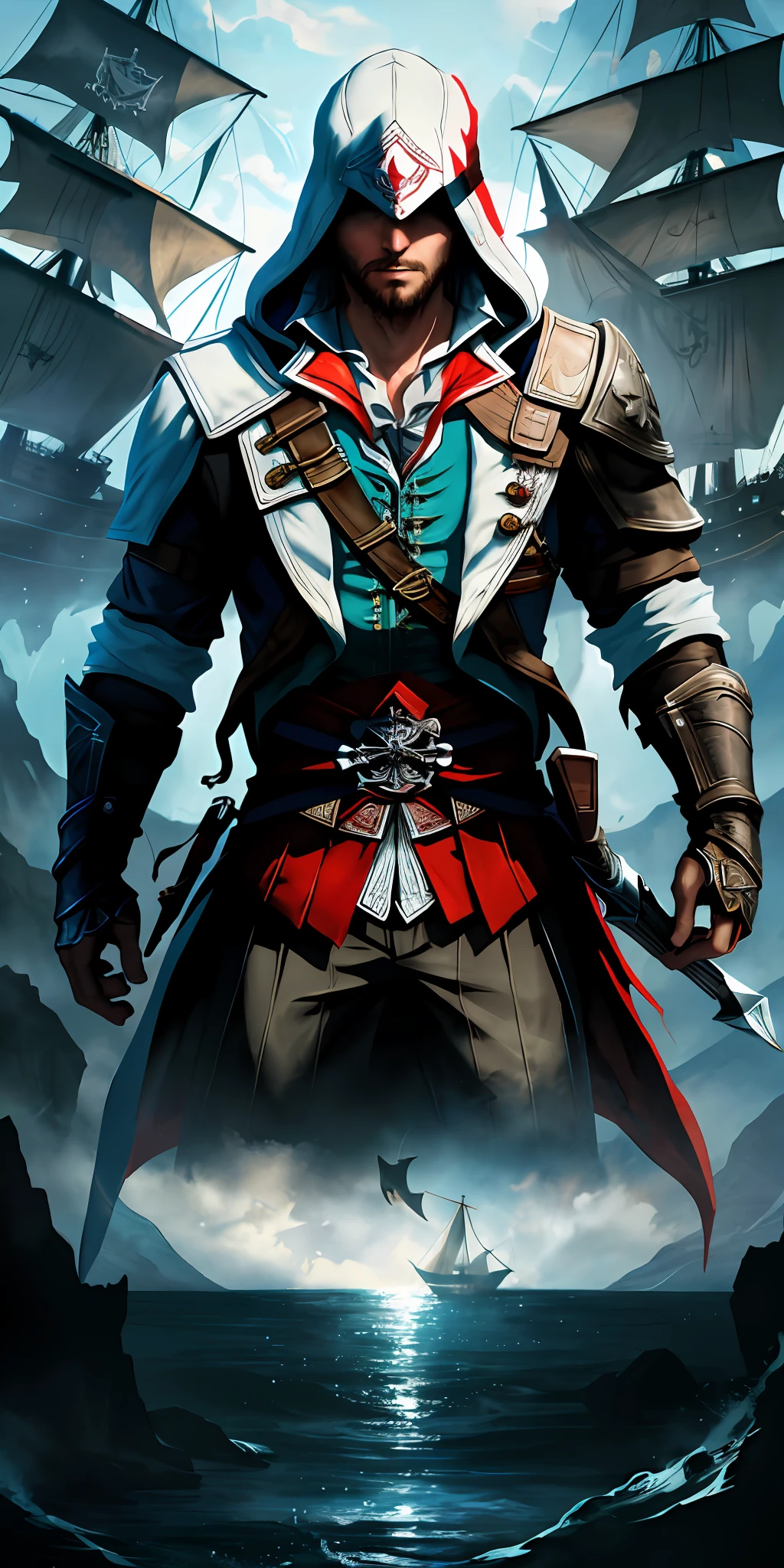Assassin's Creed full medium altarair, gorgeous detailed face, dynamic pose, ink tossed in water, splatter drips, paper texture, pulp manga and perfect shading, with dramatic lighting. The artwork must be centered, stylized, and elaborated. rendered in 8K resolution for high quality detail, artstation, concept art, smooth and sharp focus, illustration, highly detailed soft natural volumetric cinematic light, intricate art masterpiece, pirate ship in the background