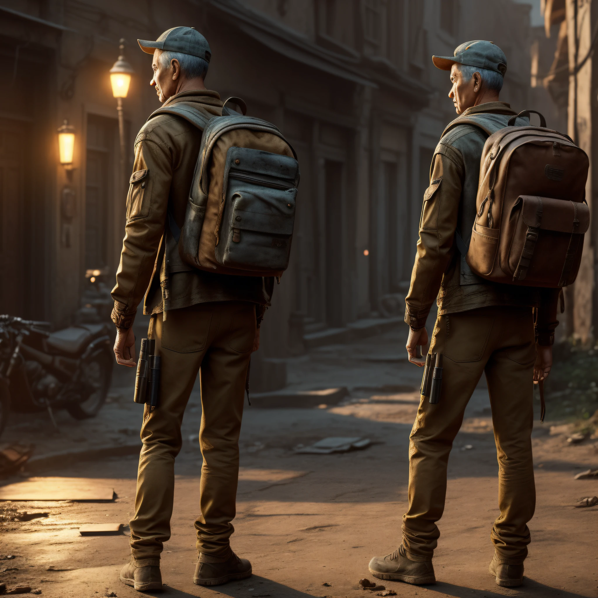 A skinny man with old clothes is finished with dirty skin walking with his sad caramel dog is skinny suju, he with a backpack with weapons ( Detailed Face, Nostalgiacore, Nostalgia, Rustic, Cinematic Lighting, Unreal Engine 5, Cinematic, Ray Tracing, Super-Resolution, Megapixel, ProPhoto RGB)