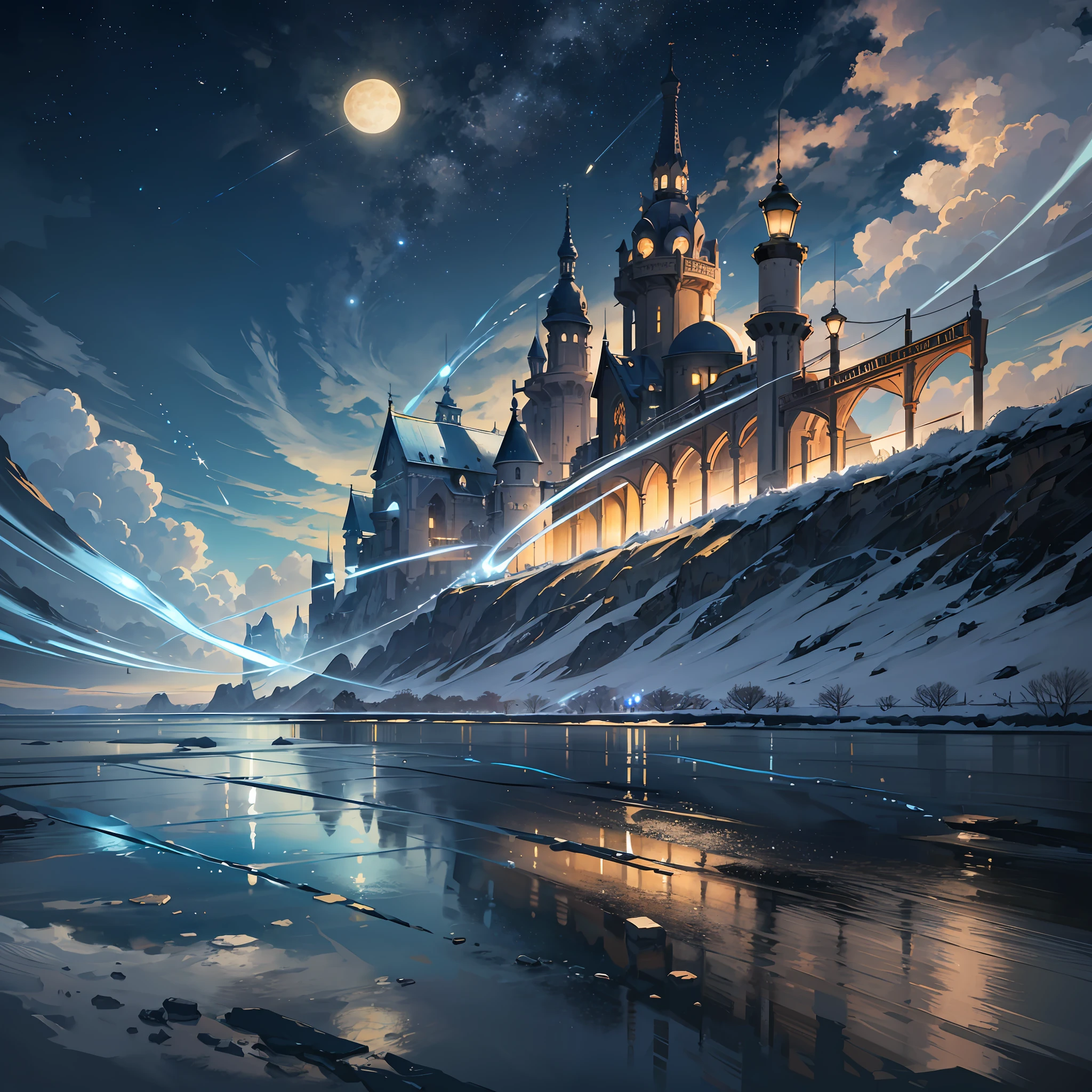 A painting of stars and moons in the river and sky, concept art inspired by Tosa Mitsuoki, pixiv competition winner, best quality, fantasy art, beautiful anime scenes, a round of bright moon, starry sky environment under moonlight, icebergs floating in the sea, aurora, dream painting, anime background art, dream landscape art, fantastic night, anime background, background artwork, fantastic art, starry sky, detail enhancement. --auto --s2