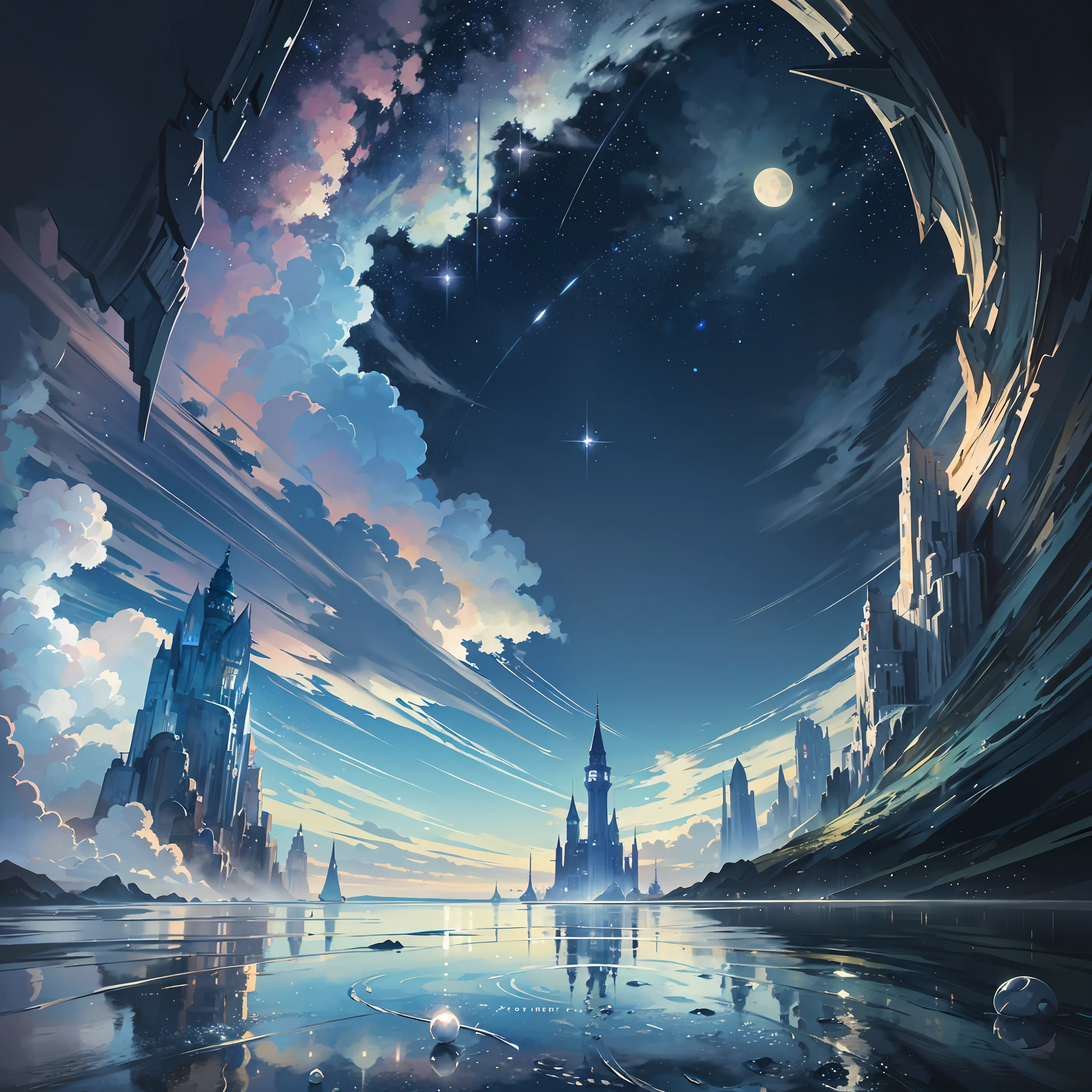 A painting of stars and moons in the river and sky, concept art inspired by Tosa Mitsuoki, pixiv competition winner, best quality, fantasy art, beautiful anime scenes, a round of bright moon, starry sky environment under moonlight, icebergs floating in the sea, aurora, dream painting, anime background art, dream landscape art, fantastic night, anime background, background artwork, fantastic art, starry sky, detail enhancement. --auto --s2
