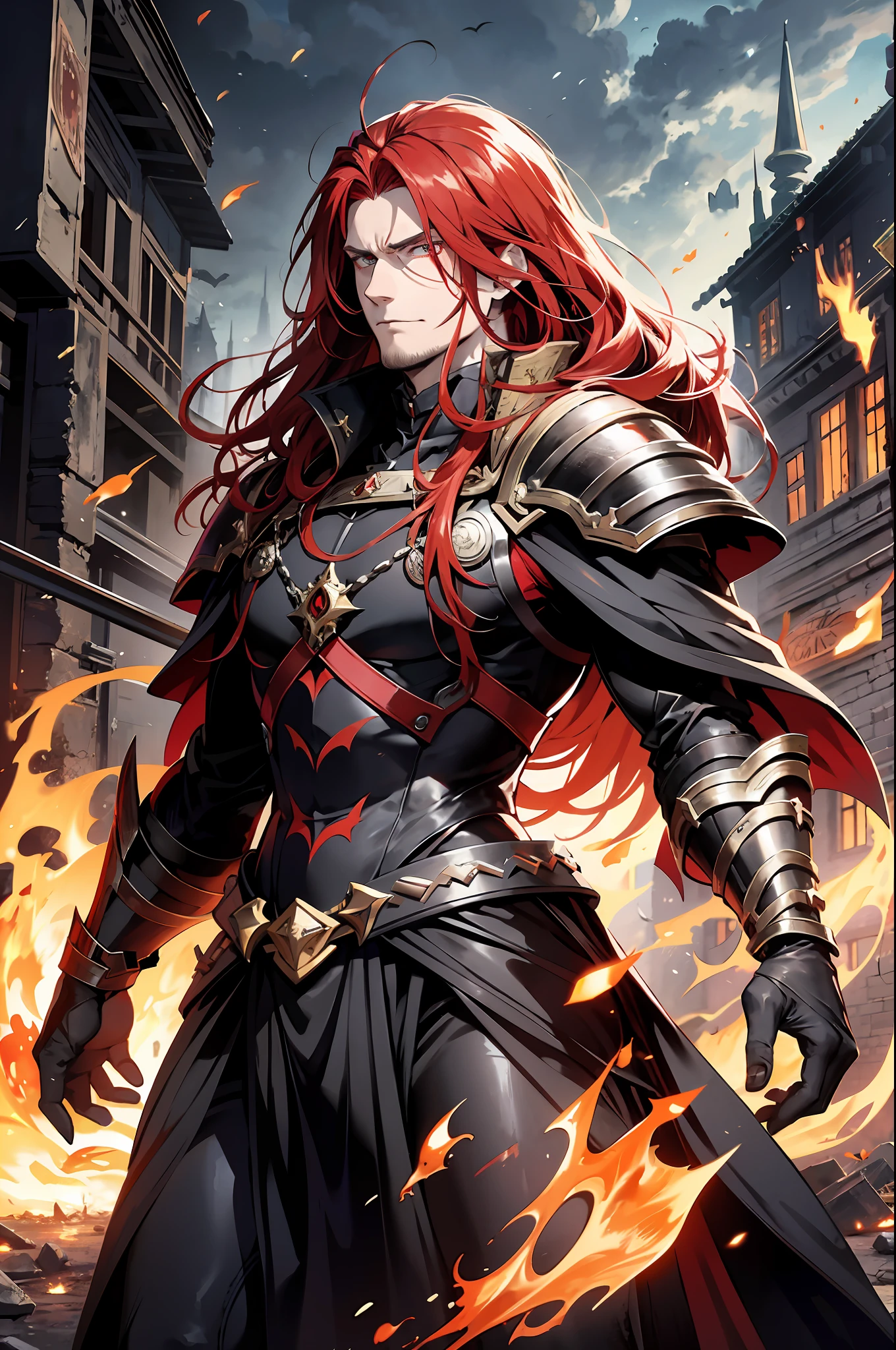 A man with long red hair, a dark and lifeless look he is a villain an emperor in a destroyed kingdom full of magma and fire destruction everywhere he walks in his dark armor amid the chaos, medieval dnd era