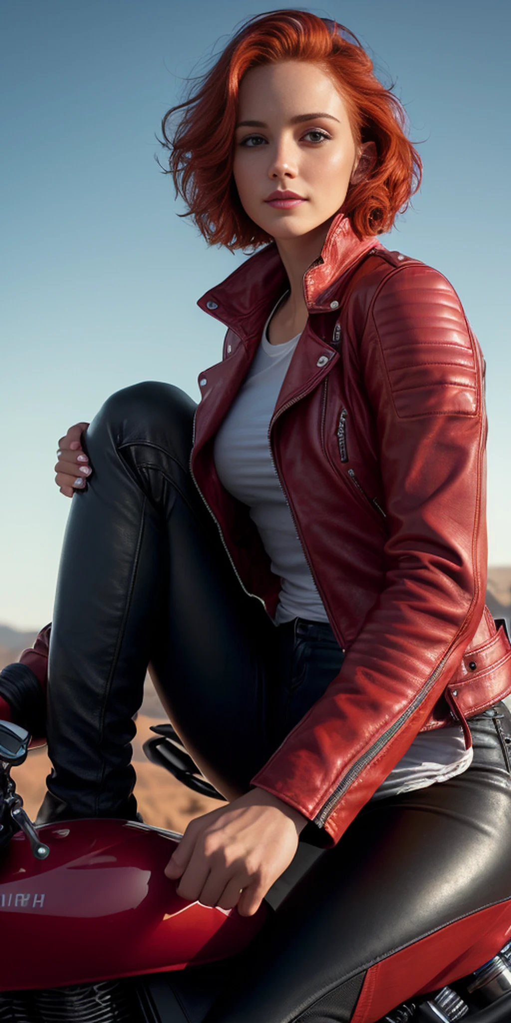 Masterpiece, (((full figure))) entire body in frame, (((magical lighting action shot))) (((beautiful slight smile anorexic pale goddess irrish woman sitting on bullet bike motorcycle ))), (((red leather jacket))) , (((short redhead hair))) sunset lighting, golden hour, golden colors, very detailed, dramatic lighting, digital art trending on Artstation 8k HD high definition detailed realistic, detailed, skin texture, hyper detailed, realistic skin texture, armature, best quality, ultra high res, (photorealistic:1.4), high resolution, detailed, raw photo, sharp re, by lee jeffries nikon d850 film stock photograph 4 kodak portra 400 camera f1.6 lens rich colors hyper realistic lifelike texture dramatic lighting unrealengine trending on artstation cinestill 800, (((accurate female anatomy, perfect eyes)))