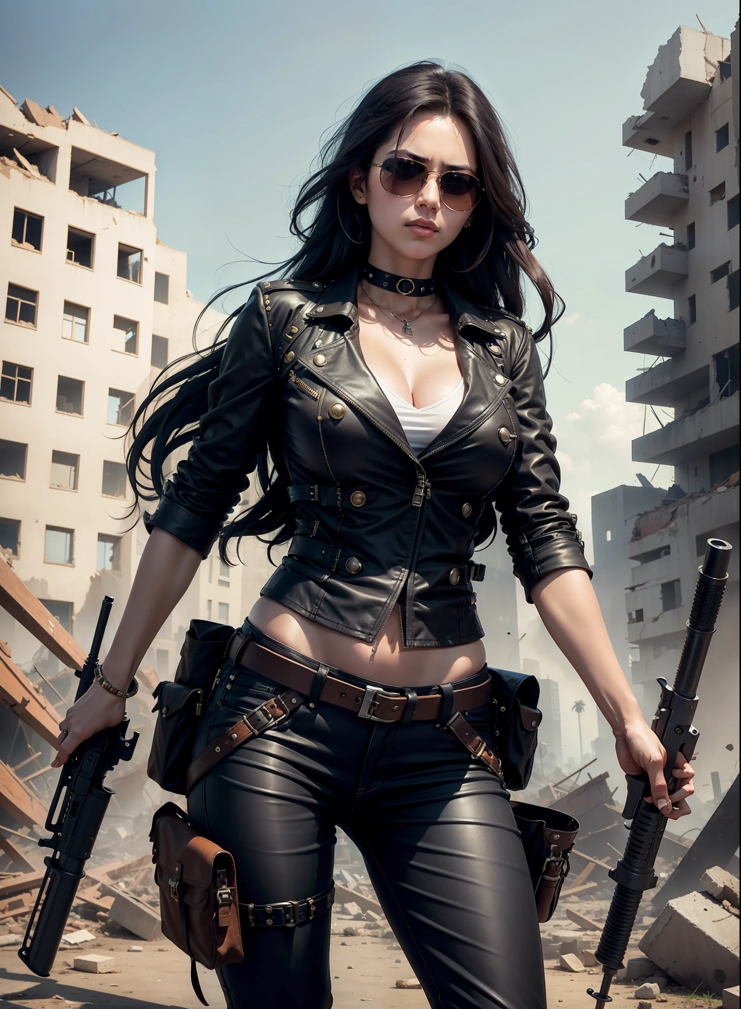 Medium breasted woman, pants, rivets, holsters, big gun, long black hair, sunglasses, in ruins