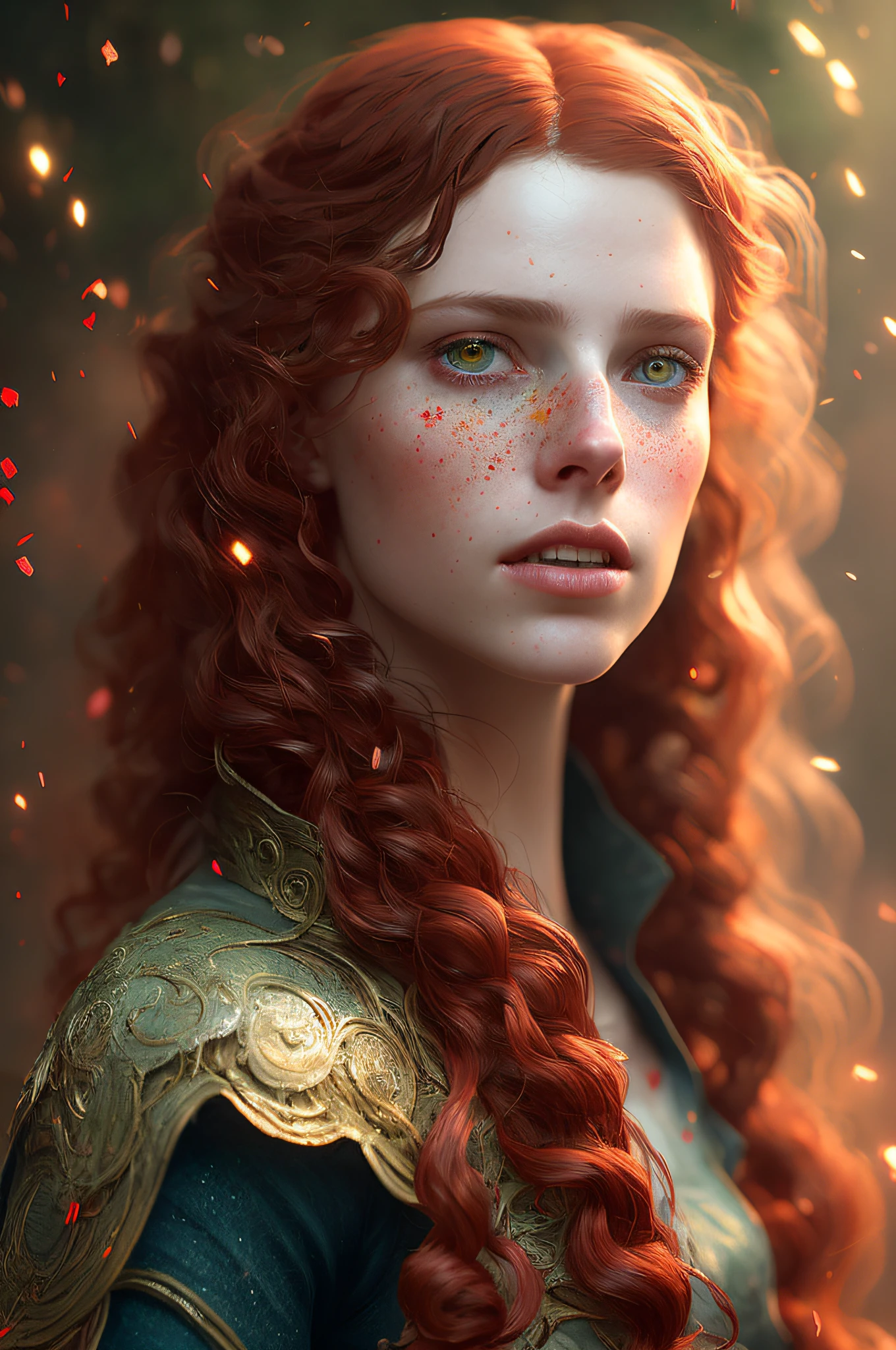 Head in close-up, looking forward, realistic portrait of digital painting of a female Gothic blood elf, (curly hair:1.1), (red hair:1.3), dark and red magical universe, magical leather armor with red and yellow engraving in intricate detail, (abstract background:1.2), (light particle:1.1), (very detailed skin:1.2), (game concept:1.3), (Elden Ring style:1.3),  (arcane style:0.8), (depth of field:1.3), global lighting, art by Greg Rutkowski and Viktoria Gavrilenko