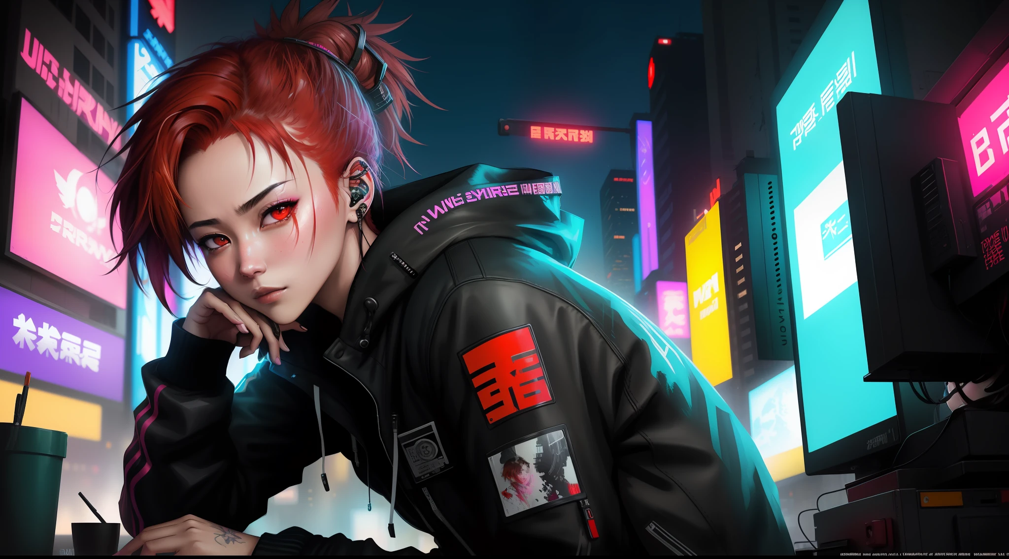 "Artistic Image, The center of this scene is a cyberpunk Japanese hacker with striking dark red hair and eyes. She is seen amidst her high-tech environment, adorned with a sticker of Disney Banksy art. The image should be a blend of digital illustration and anime, featuring a level of detail that brings the character and scene to life. The hacker's anatomy is perfect, capturing the essence of both freedom and soul. Drawing inspiration from Kim Jung Gi, Carne Griffiths, and Wadim Kashin, the illustration features sharp focus, smooth transitions, and an underlying watercolor aesthetic. The environment is filled with digital screens and neon lights, adding to the cyberpunk atmosphere.", 35mm, Medium Shot, Studio Lighting, Highly Detailed, Octane Render