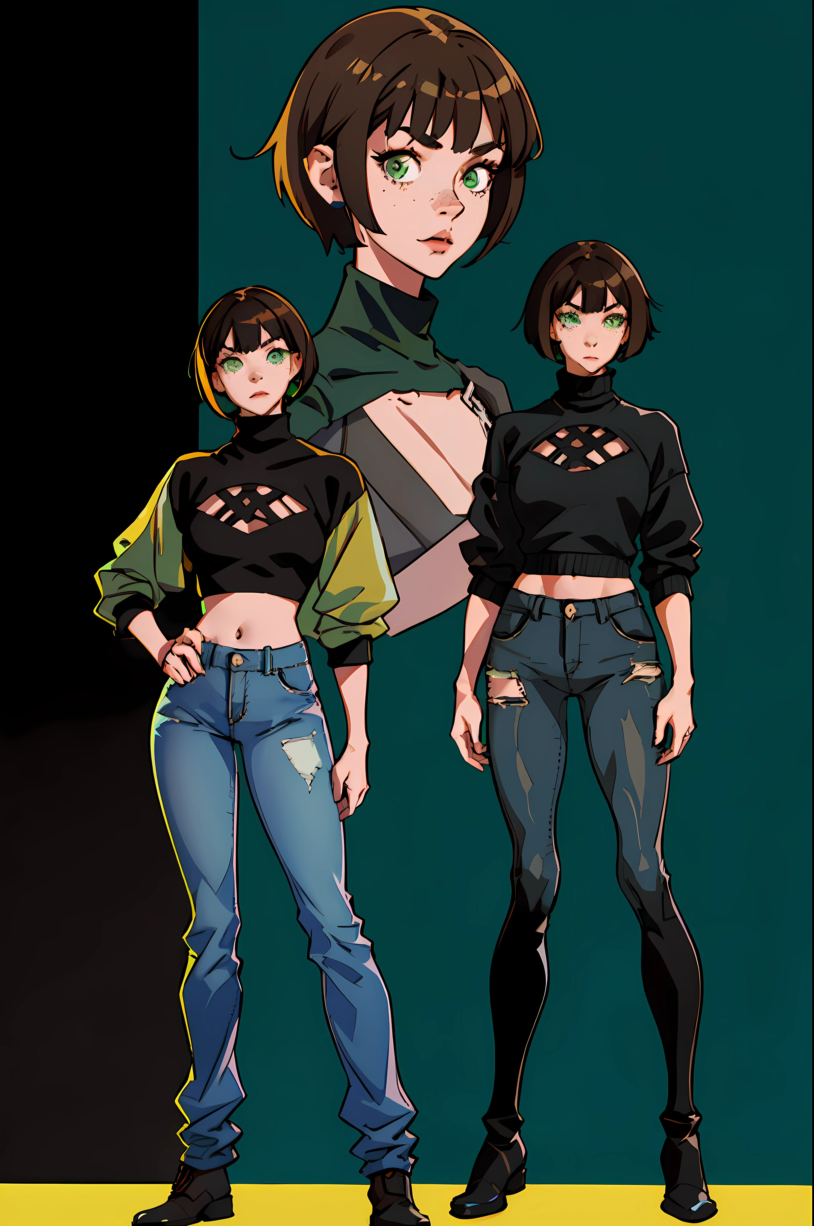 1woman, 1girl, solo woman, 1 person, single person, woman with a black baggy shirt and blue jeans, full body portrait, girl fanart, !!full body portrait!!, fullbody portrait, full body character portrait, full-body character portrait, detailed full body portrait, character full body portrait, full body illustration, anime full body illustration, anime style character, short brown hair, combat boots, green eyes, Black sweater, freckles, hoop earings, loose sweater, baggy sweater, color black, ((Oversized sweater)) ((no item in hands)) ((Black sweater)) ((Black clothing)) ((BROWN HAIR)) ((SHORT HAIR)) ((LEWD)) ((naughty)) ((Showing skin)) ((jeans)) ((Showing chest))